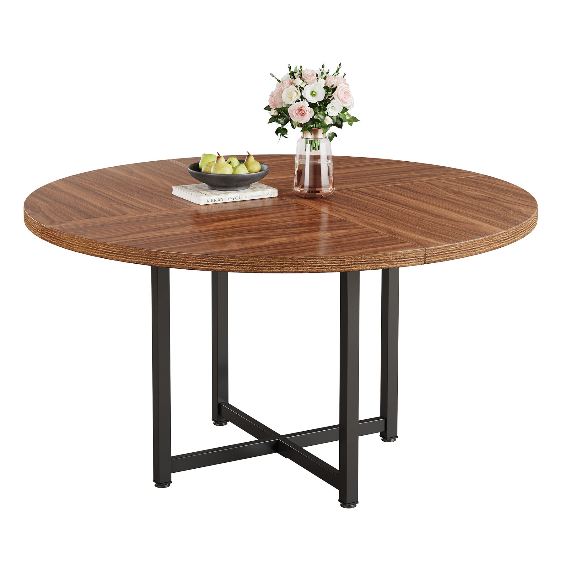 Tribesigns 120 cm Ronde Eettafel voor 4-6 Personen, Houten Tafel met Stevige Kruismetalen Poten voor Keuken en Woonkamer