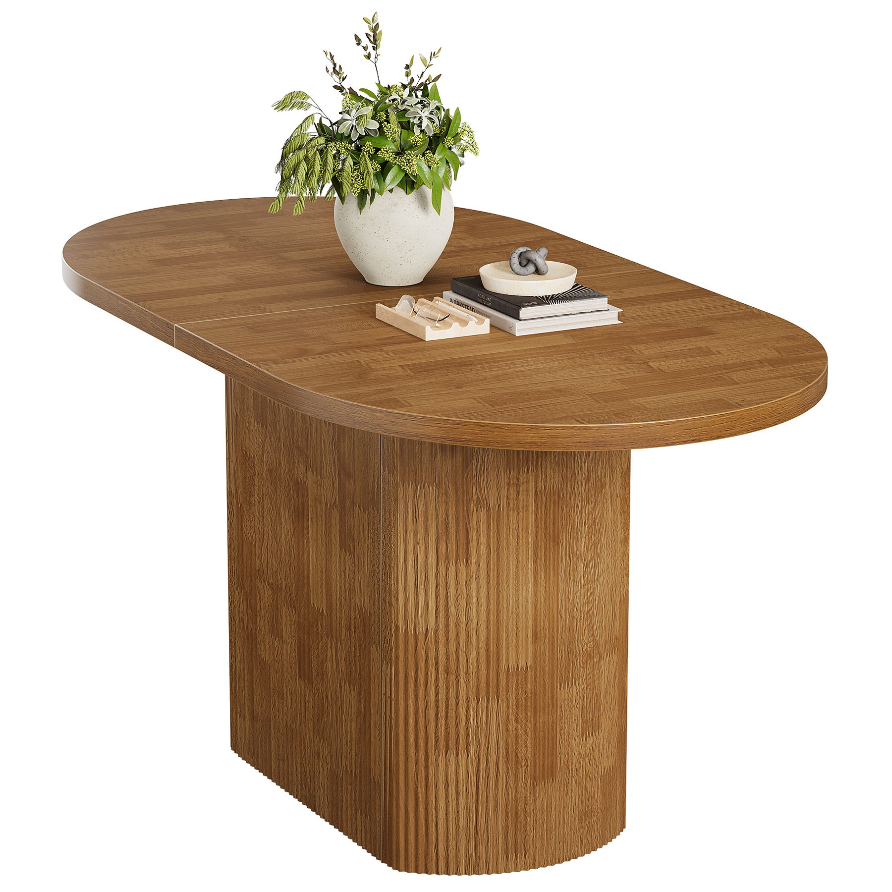 120 cm Ovale Vergadertafel voor 4 Personen, Rustieke Houten Conferentietafel met Polygonale Poot