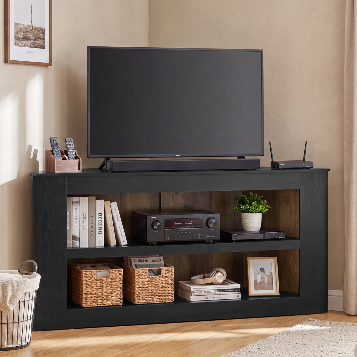 Tribesigns 150 cm hoek tv-meubel met 2-laags open opbergruimte en trapeziumvorm, moderne tv-kast voor woonkamer en slaapkamer