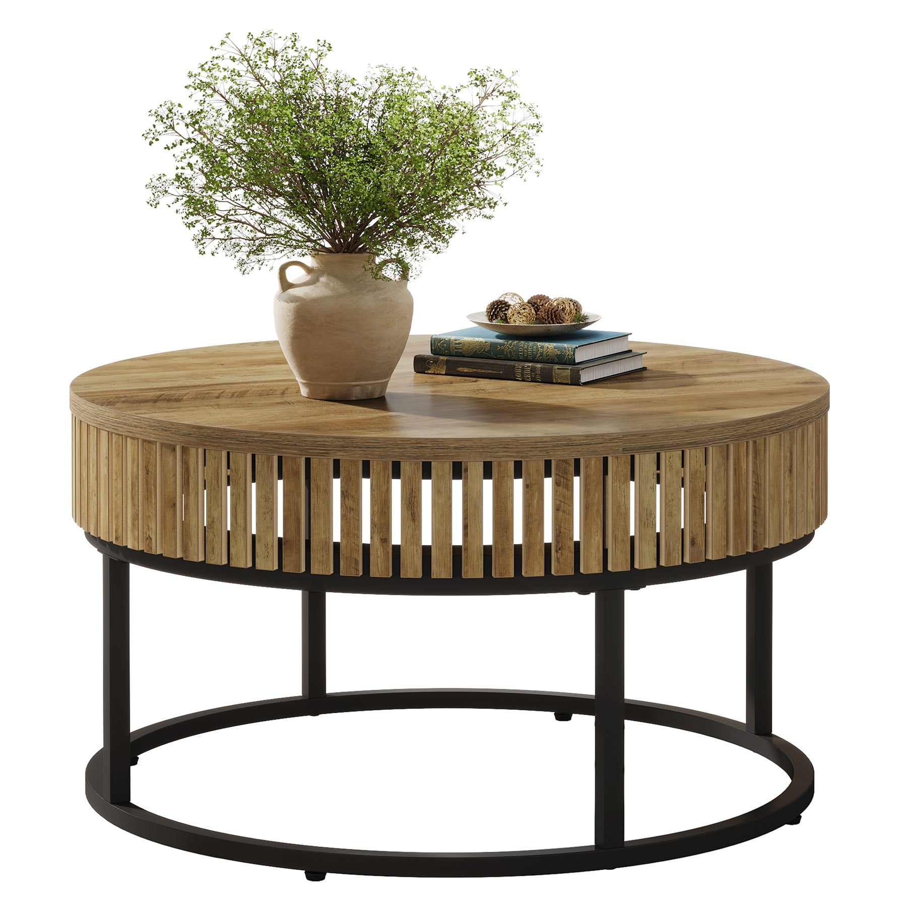 80 cm Ronde Salontafel van Hout, Moderne Industriële Koffietafel voor de Woonkamer