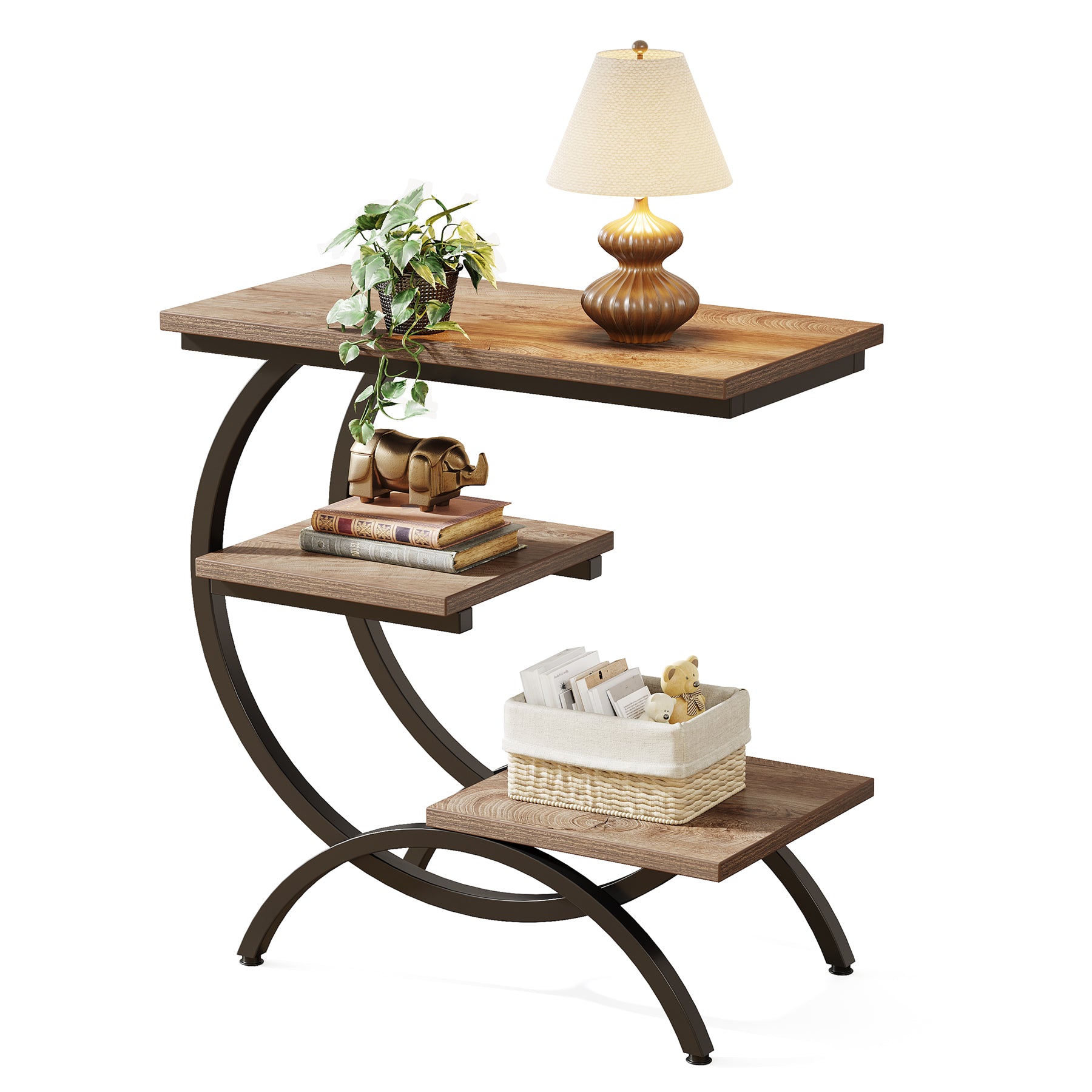 Industrial C-vormige 3-laags tafel, Rustieke bruine bijzettafel met opbergplanken voor kleine ruimtes