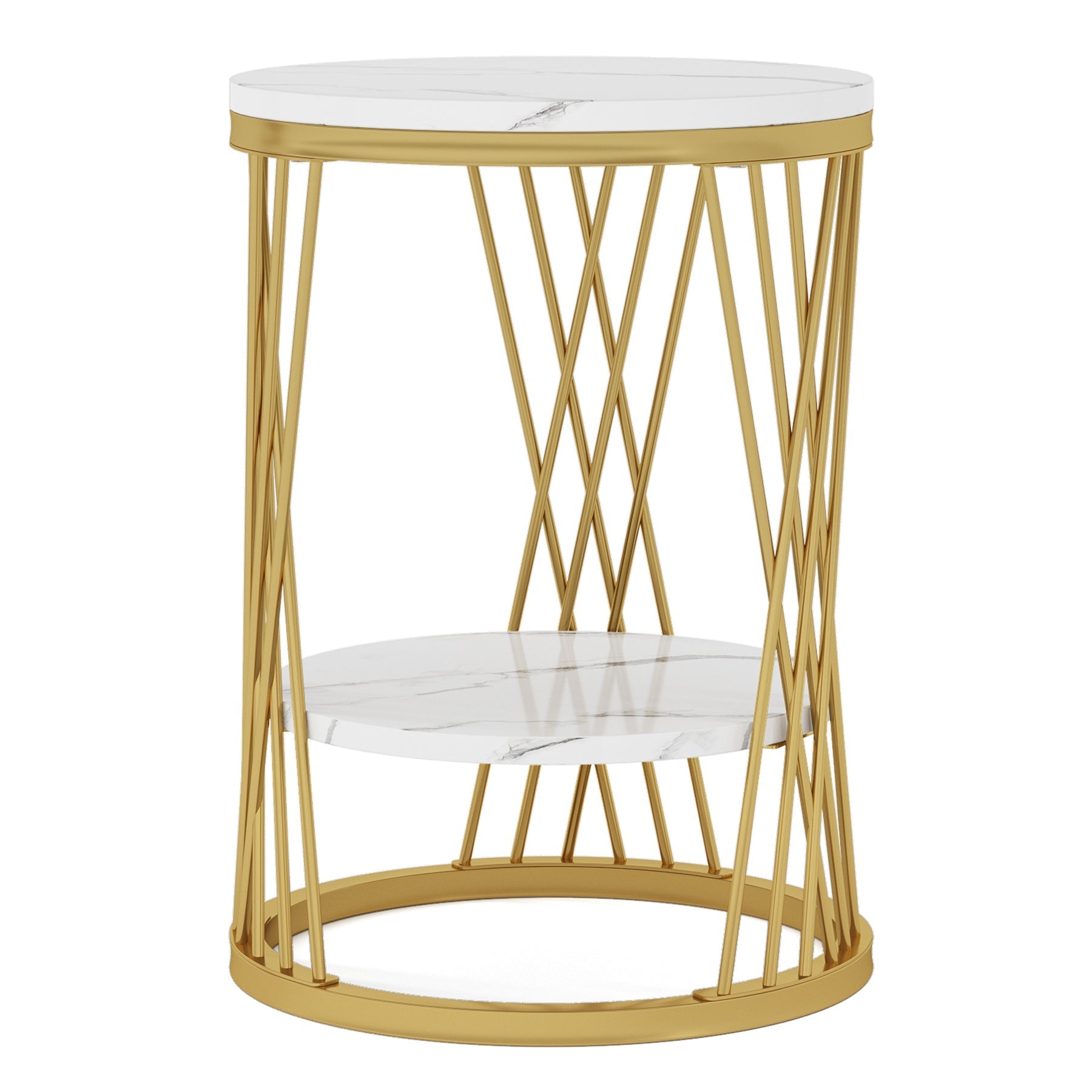 Stijlvolle Ronde Bijzettafel, Witte Met Gouden Accenten en Handige Opbergplanken