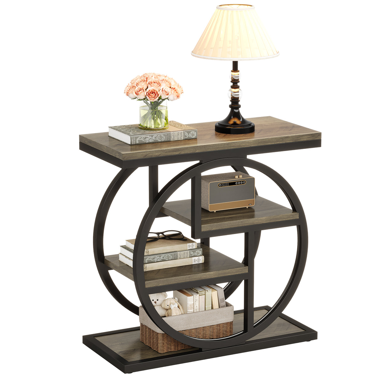 Tribesigns 65x30 cm smalle bijzettafel met 4-laags opbergruimte, industrieel design voor woonkamer