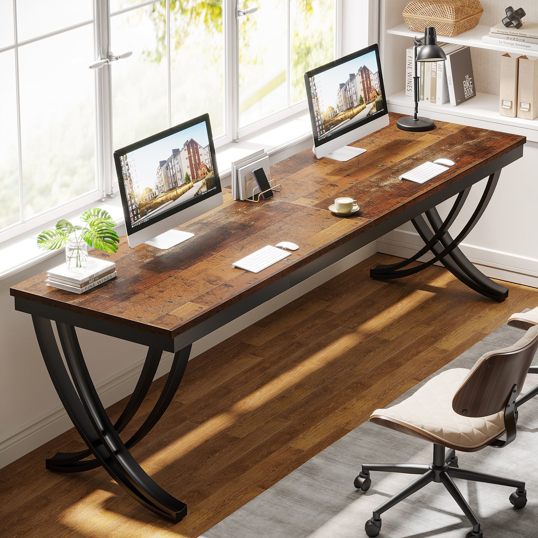 200 cm Bureau voor Twee Personen, Landelijke Computer Tafel met Stijlvolle Poten