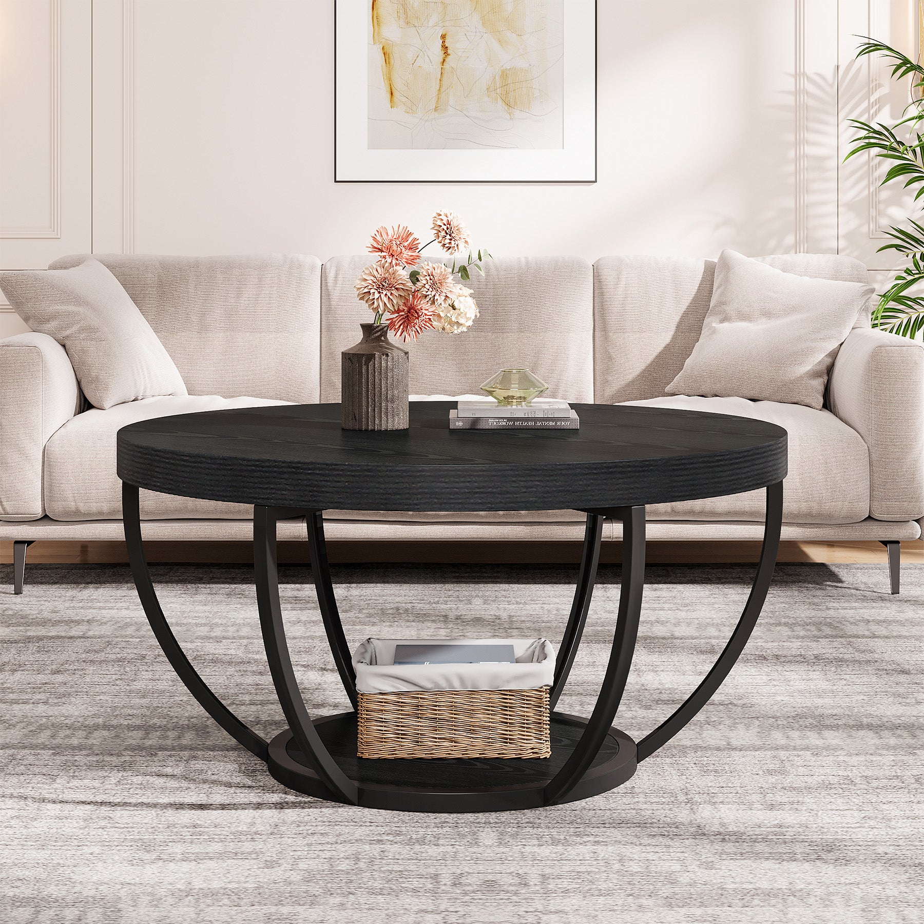 80,5 cm Ronde Industriële Salontafel, Tweelaags Middentafel in Rustiek Bruin en Zwart