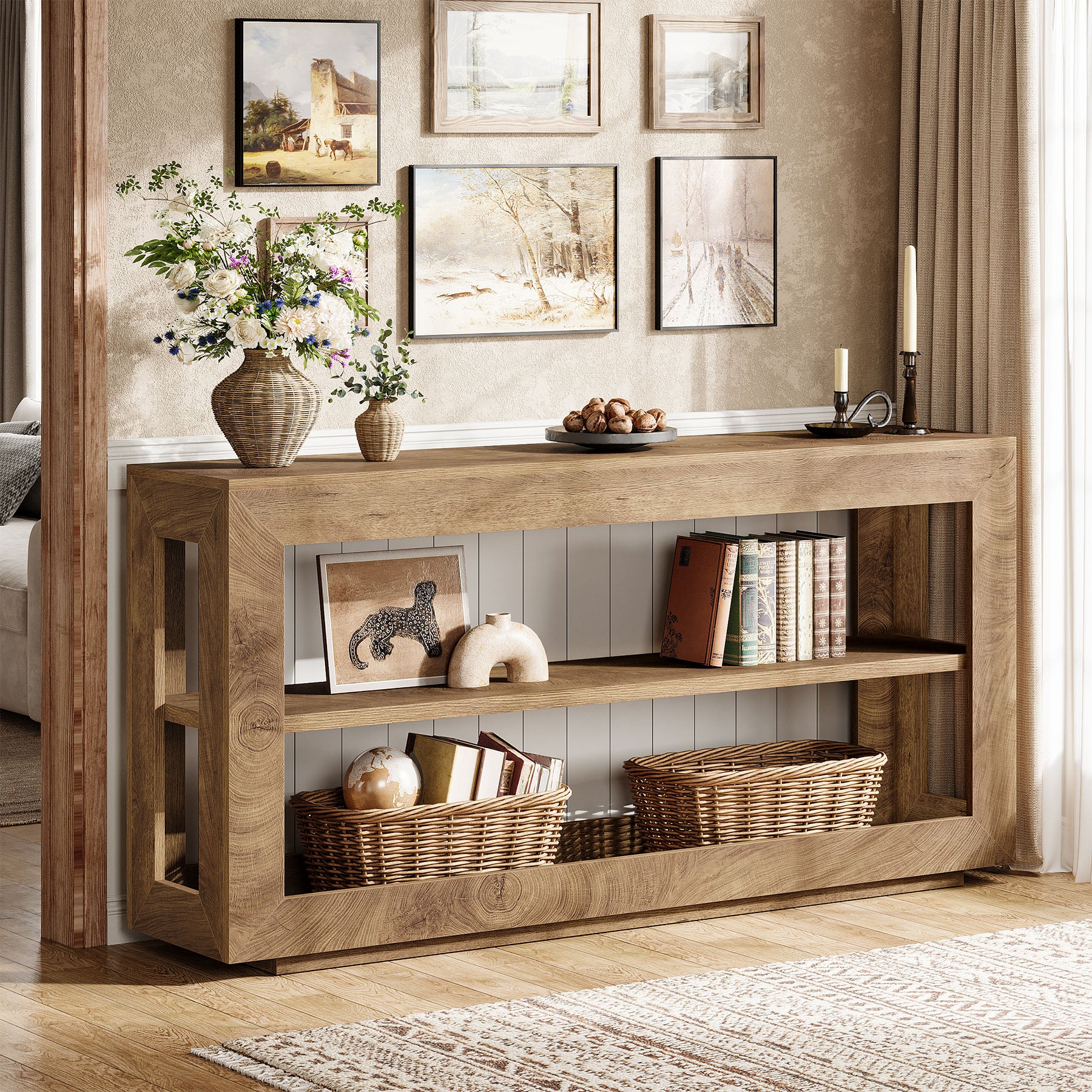 160 cm Consoletafel met 3 Lagen Opslag, Landelijke Haltafel voor Woonkamer Gang Bruin