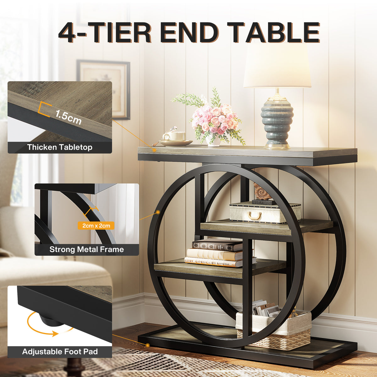 Tribesigns 65x30 cm smalle bijzettafel met 4-laags opbergruimte, industrieel design voor woonkamer