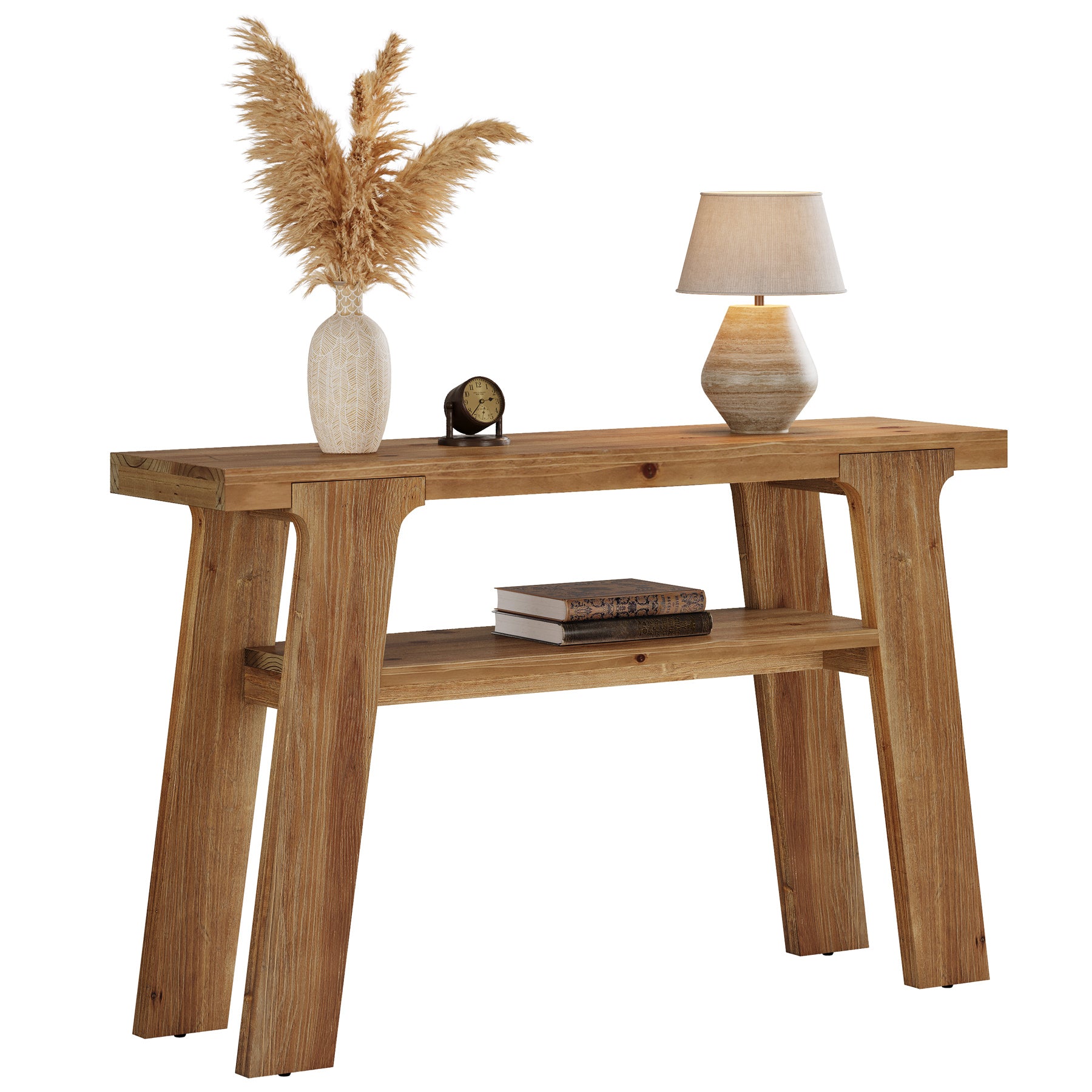 120 cm Houten Consoletafel, Massief Houten Bijzettafel met 2-Laden Opbergvak