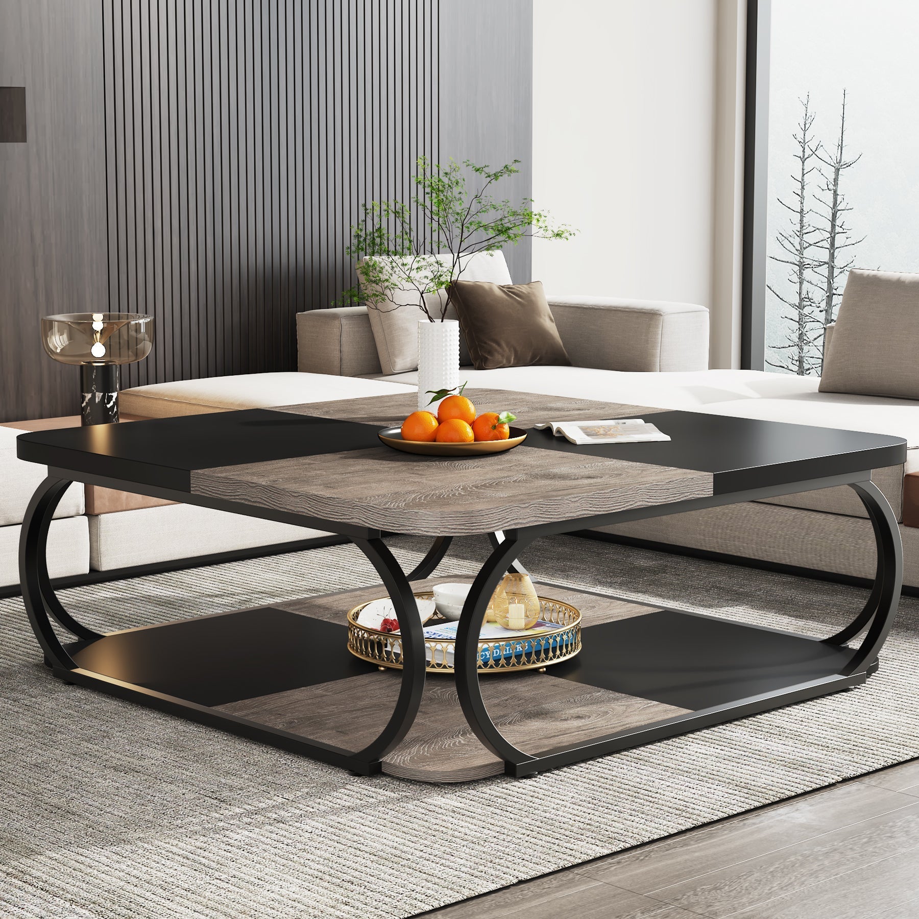 100 cm Vierkante Salontafel met Dubbele Planken, Landelijke Tafel met Metal Frame