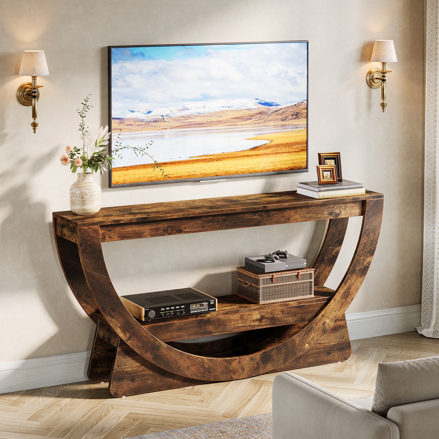 160 cm TV-meubel voor 75 inch TV's, Landelijke Houten Mediaconsole met Open Gewelfde Plank