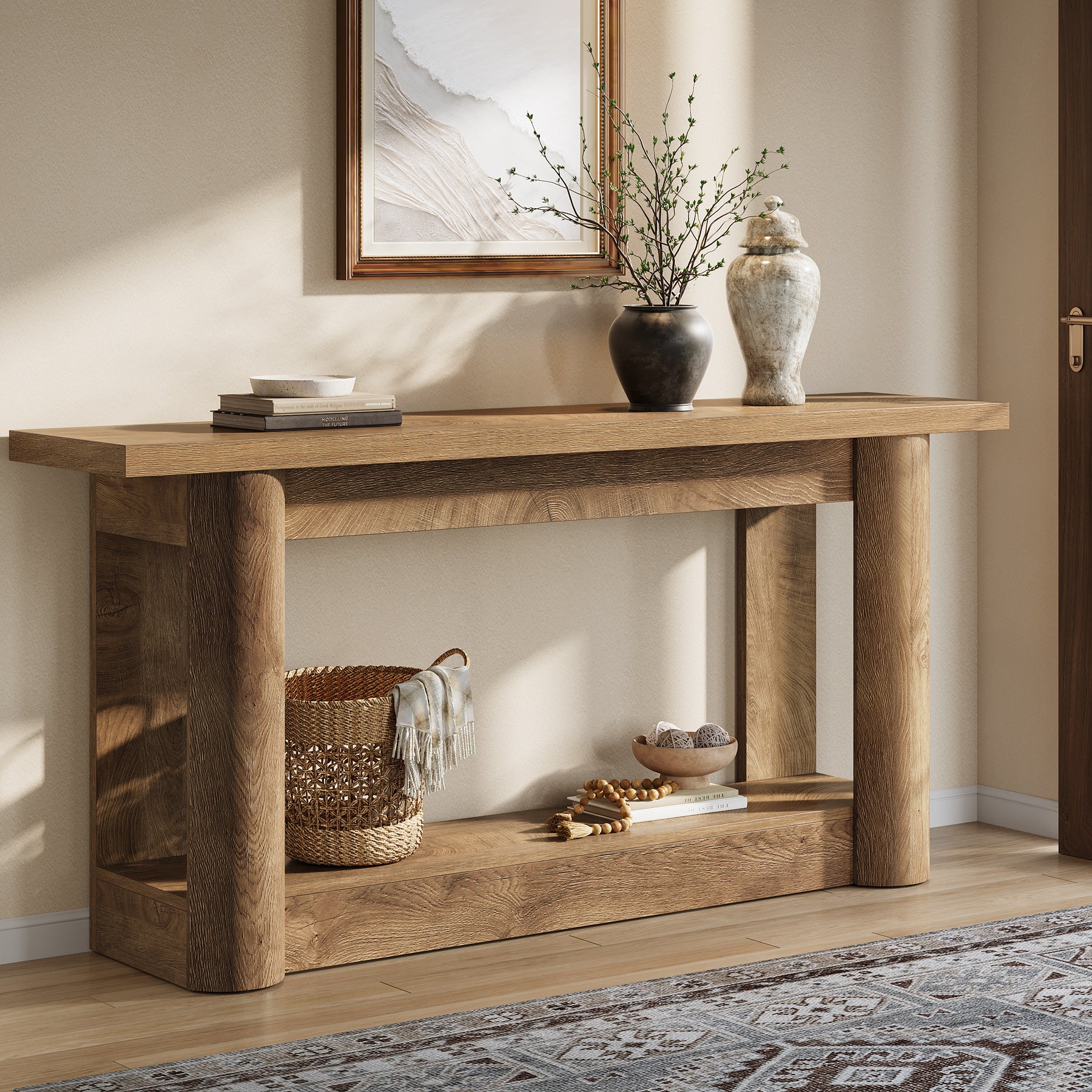 160 cm Landelijke Console met 2 Planken, Smalle Lange Salontafel in Rustiek Bruin voor Hal en Entree