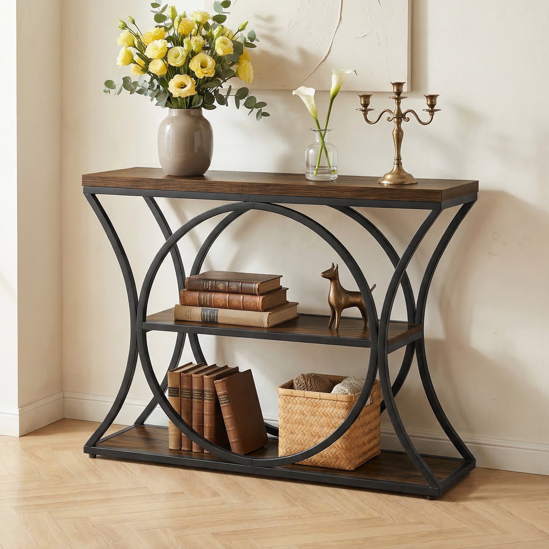 105 cm Tribesigns Industriële Consoletafel, 3-Laagse Sidetable met Boogframe