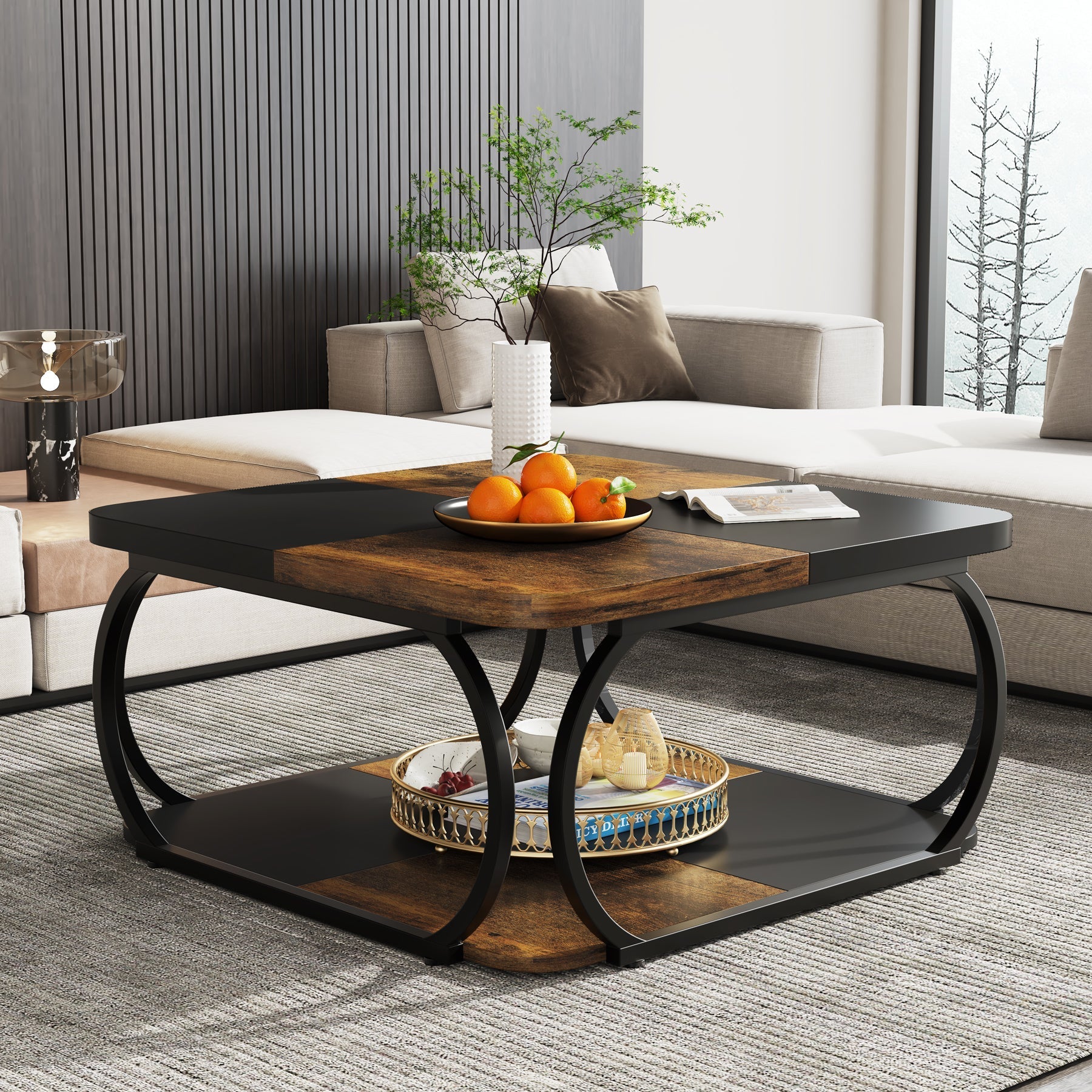 100 cm Vierkante Salontafel met Dubbele Planken, Landelijke Tafel met Metal Frame