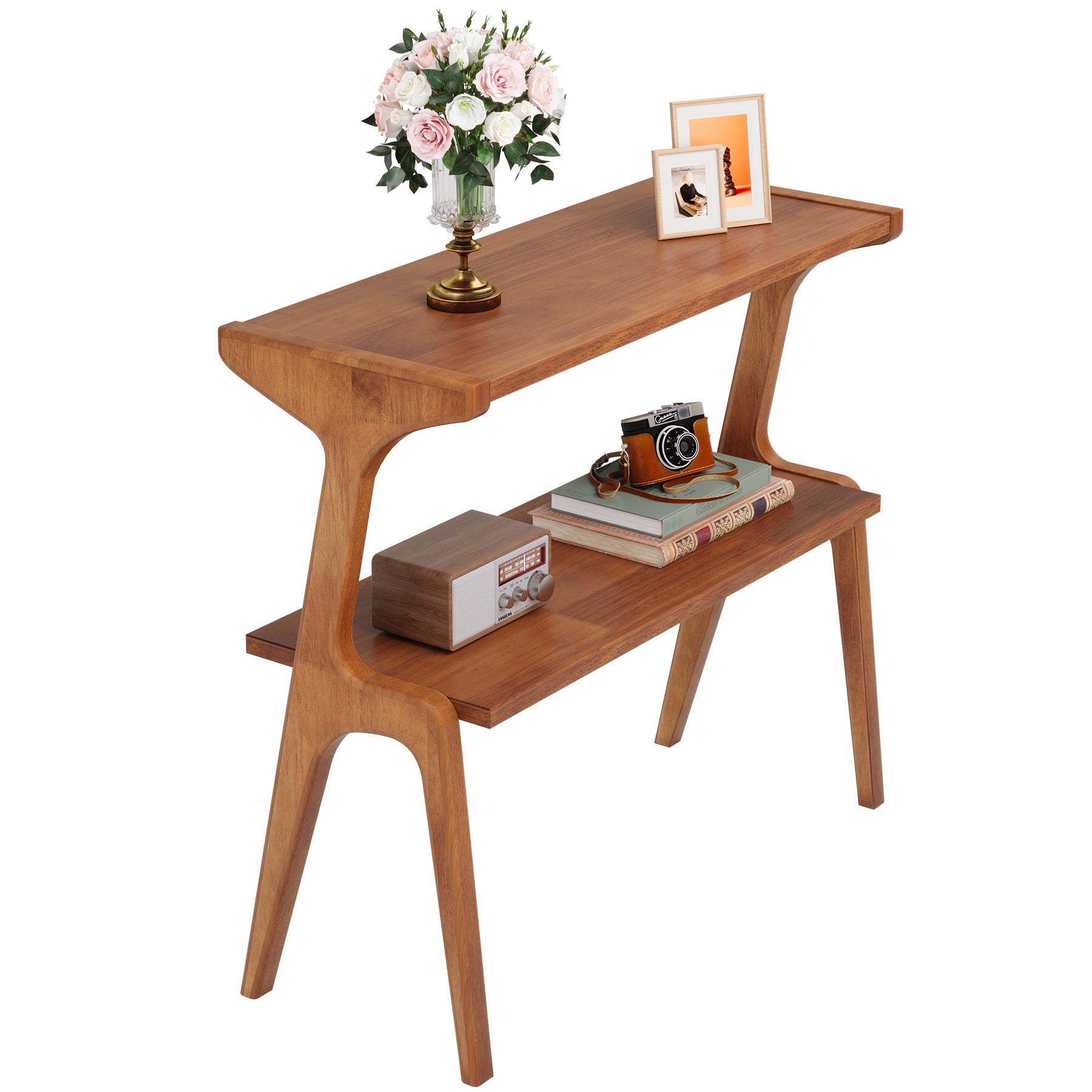 70 cm Tribesigns Bijzettafel van Massief Hout, Smalle 2-Laagse Tafel met Legplanken