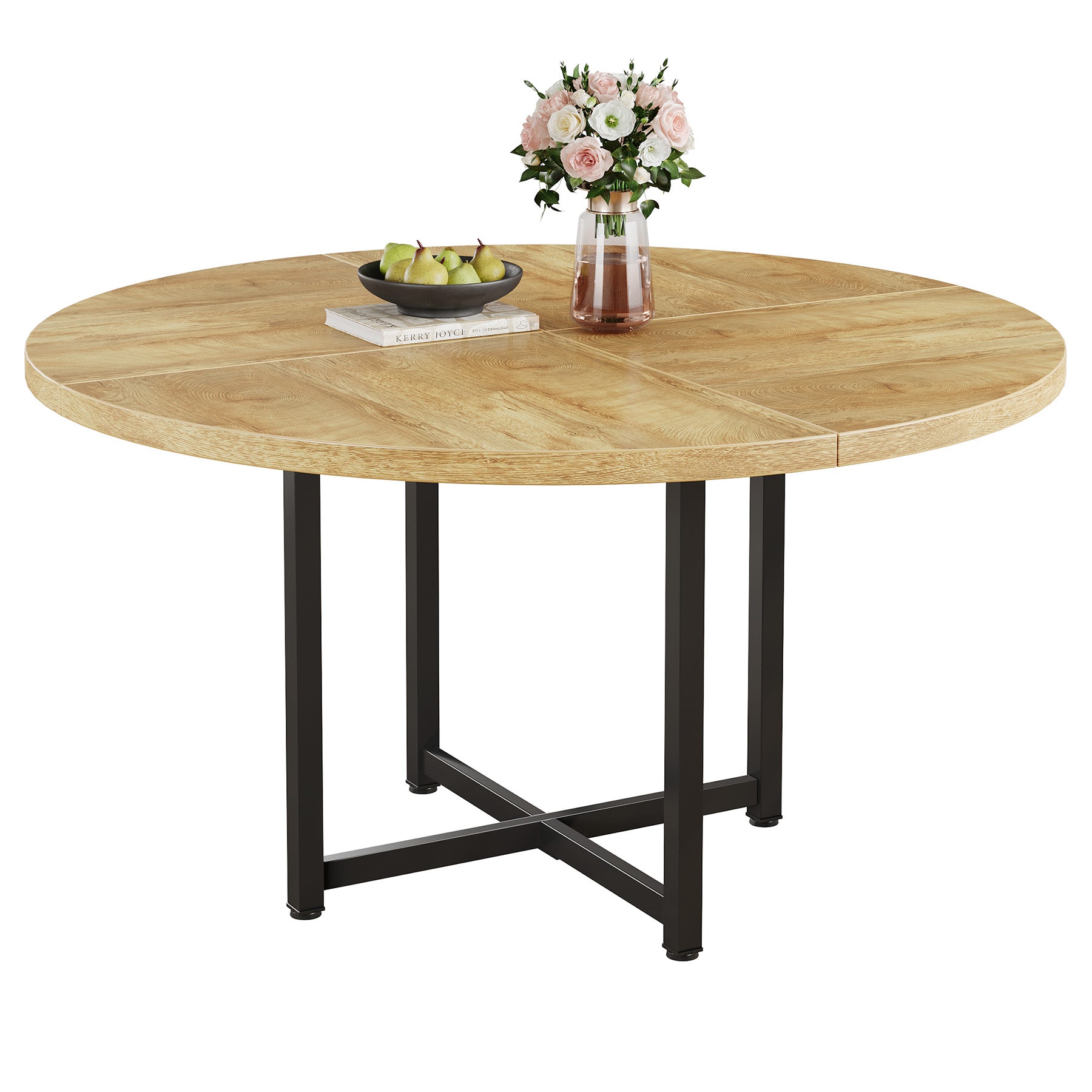Tribesigns 120 cm Ronde Eettafel voor 4-6 Personen, Houten Tafel met Stevige Kruismetalen Poten voor Keuken en Woonkamer