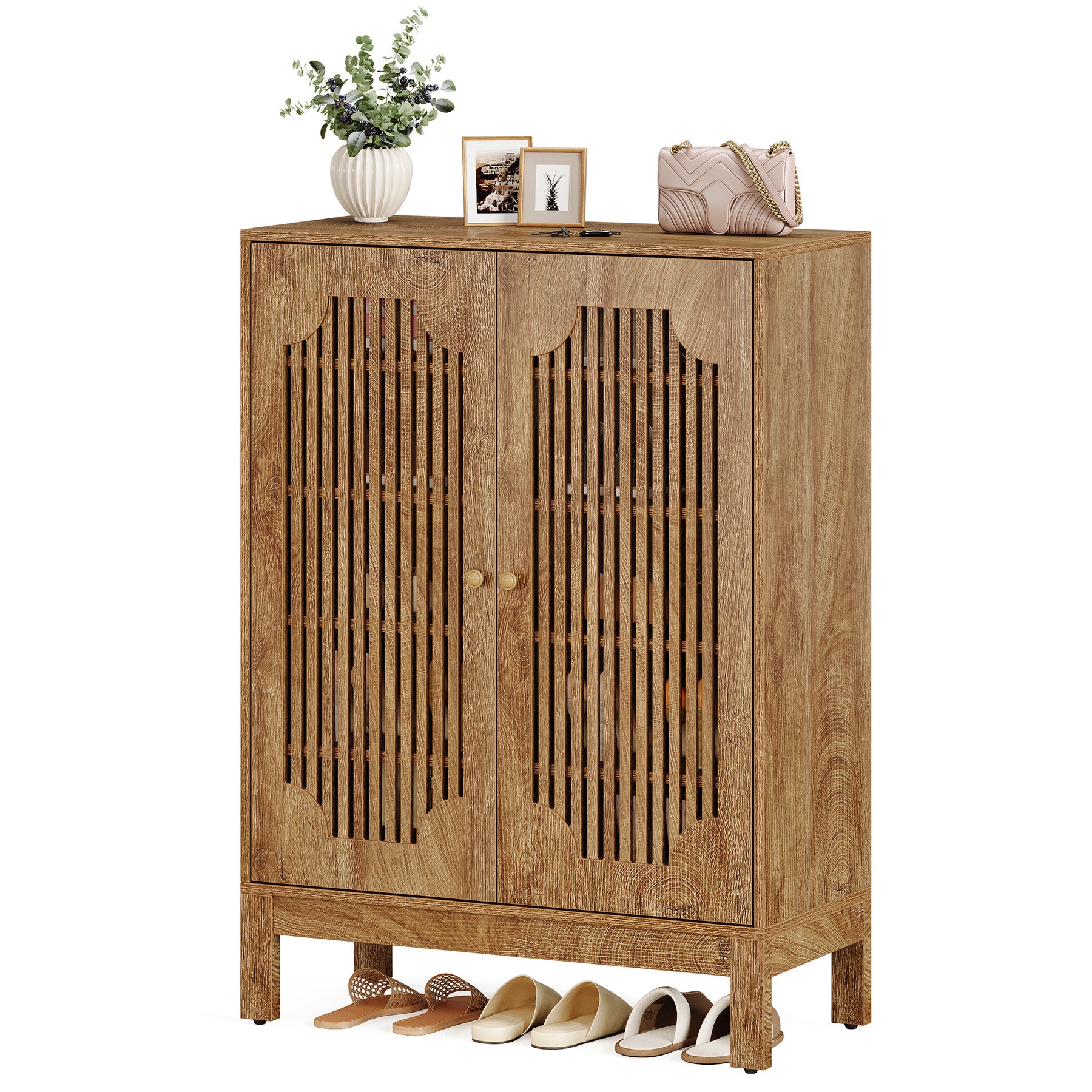 110 cm Tribesigns Schoenenkast met Lamellendeuren, Houten Schoenenrek voor Entree en Hal