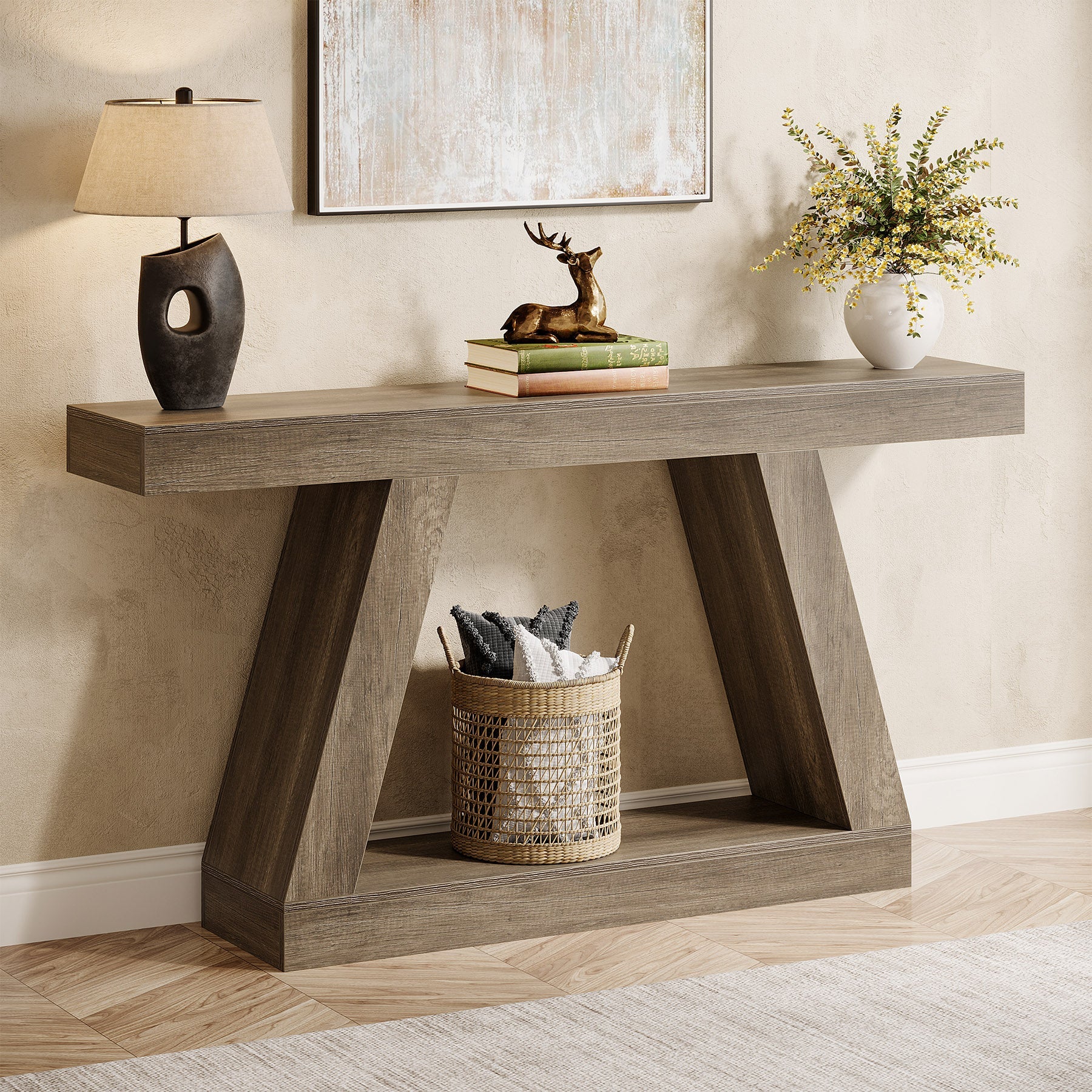 140 cm Landelijke Consoletafel, Industriële Houten Opbergtafel voor Hal en Woonkamer