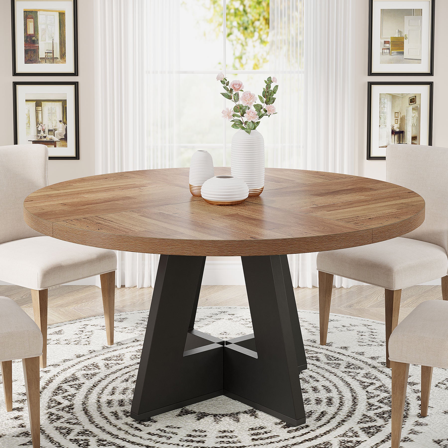 120 cm Ronde Boeren Eettafel, Bruin Houten Tafelblad voor 4 Personen in Keuken of Woonkamer
