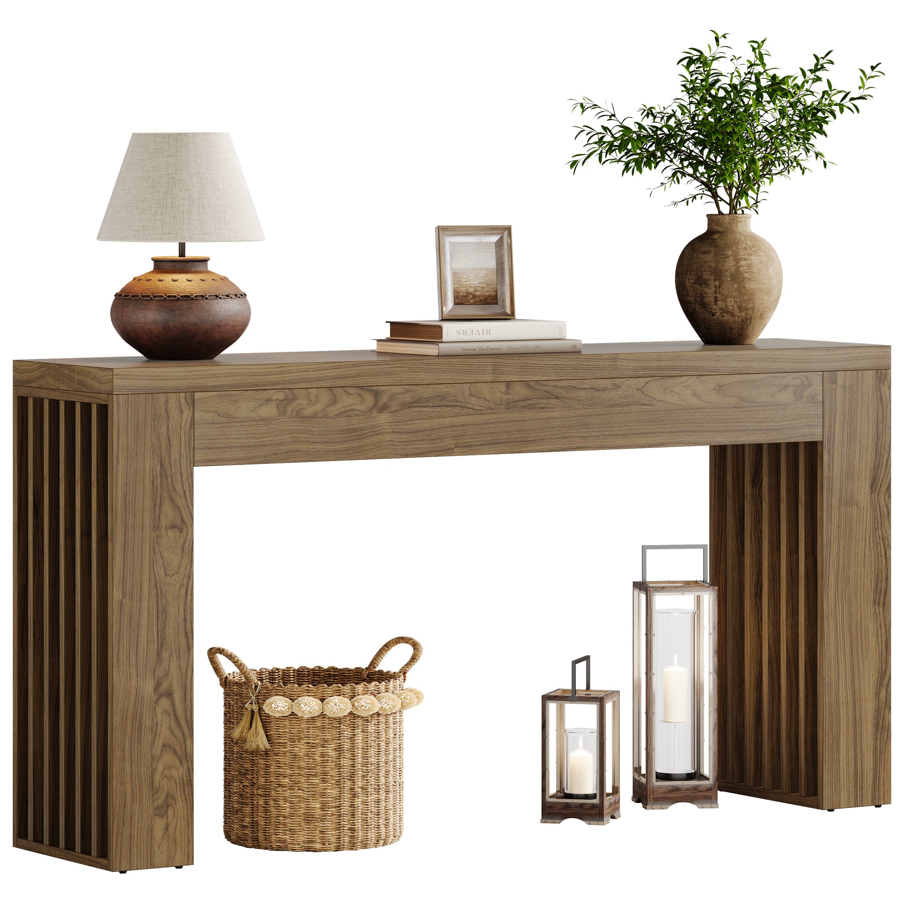 150 cm Lange Houten Salontafel achter de Bank, Consoletafel met Verticale Lattenpoten
