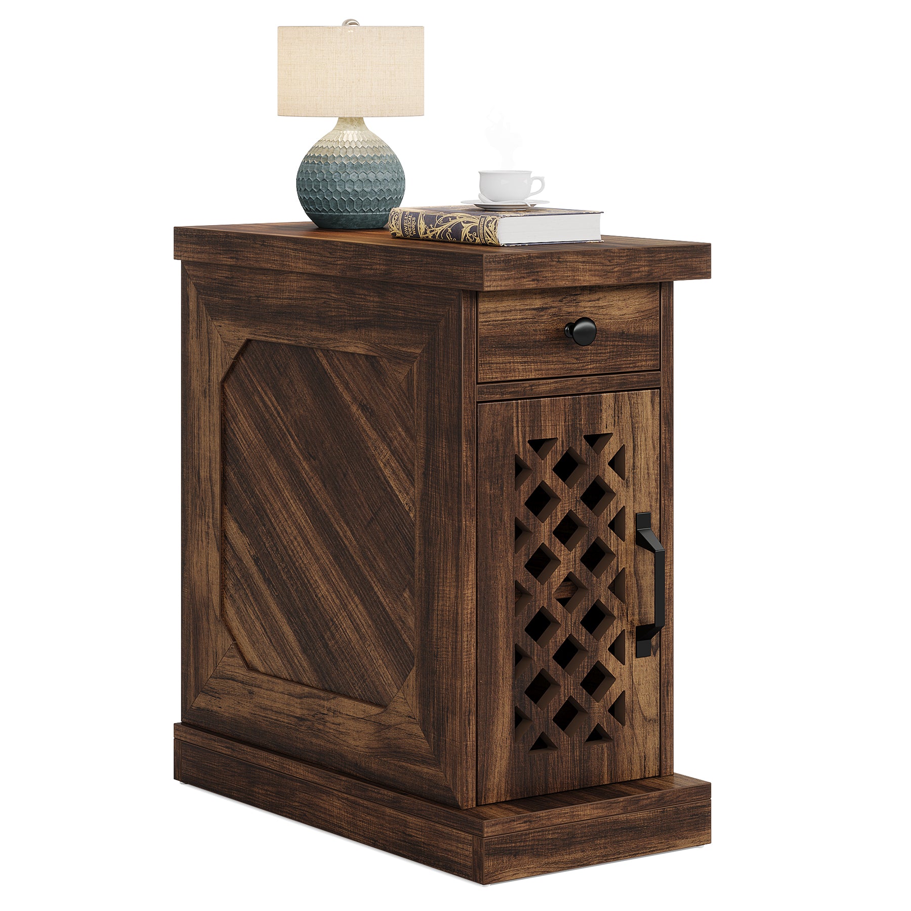 65 cm Tribesigns Eindtafel, Smalle Zijdelingse Tafel met Lade en Kast in Rustiek Bruin