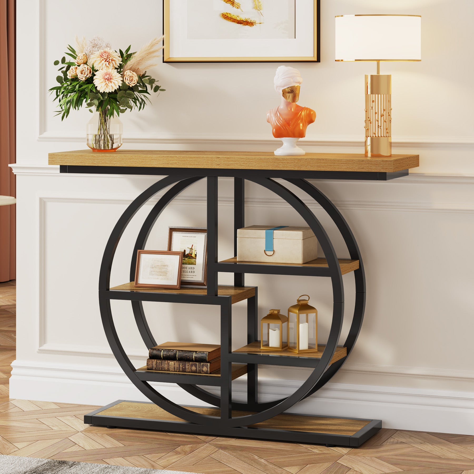 105 cm Industriële Console, 6 Etages met Rond Onderstel en Opbergplanken