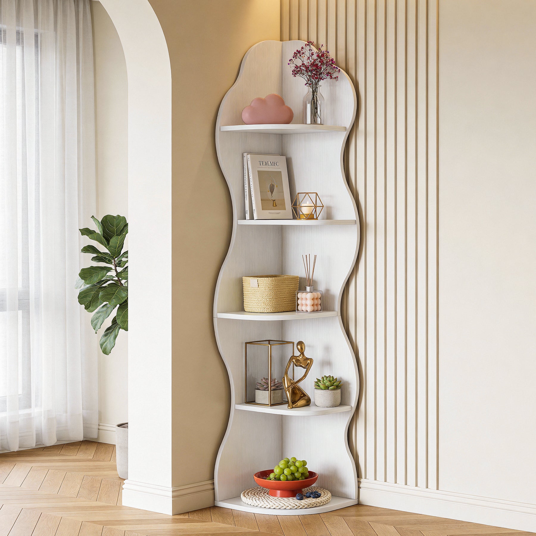174 cm Hoekboekenkast met 5 Planken, Witte Hoekkast voor Woonkamer