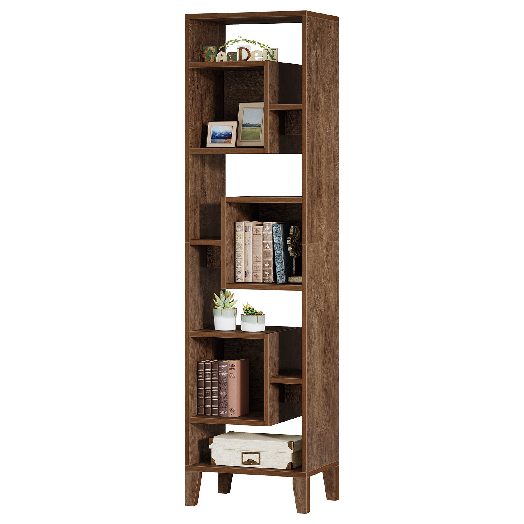 180 cm Hoge Hoekplank, 8-Niveau Houten Boekenkast en Plantenstandaard voor Woonkamer