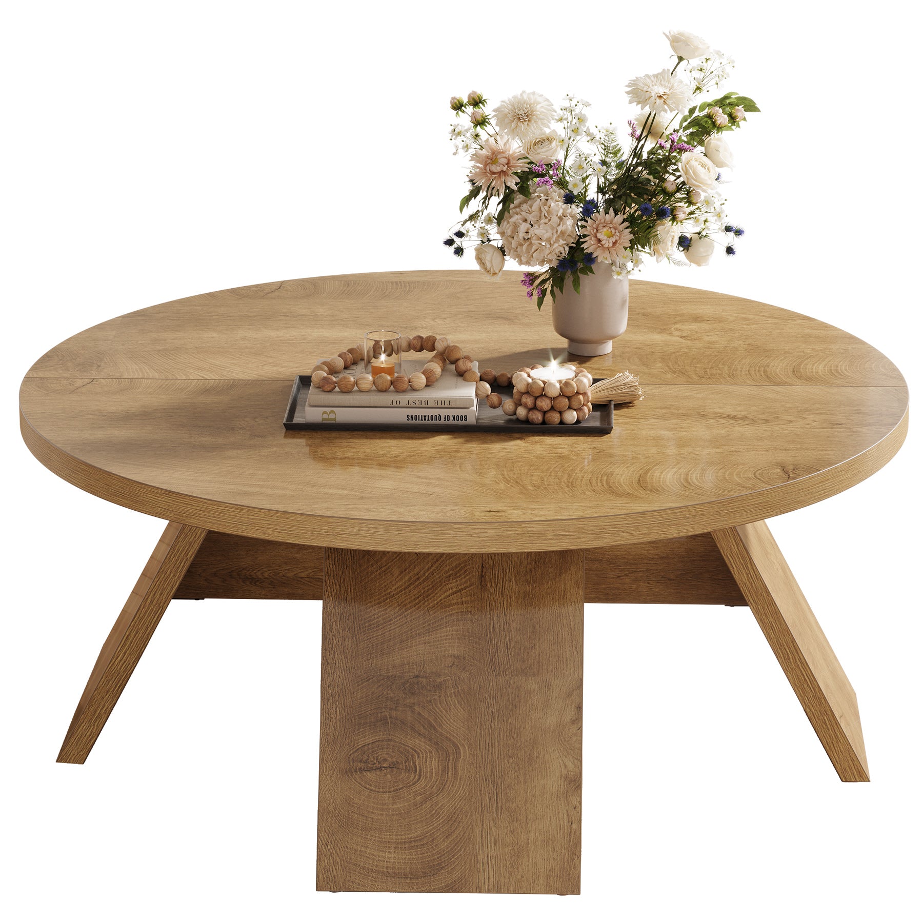 100 cm Ronde Houten Salontafel met Gespreide Poten, Modern Accent Tafel voor Woonkamer