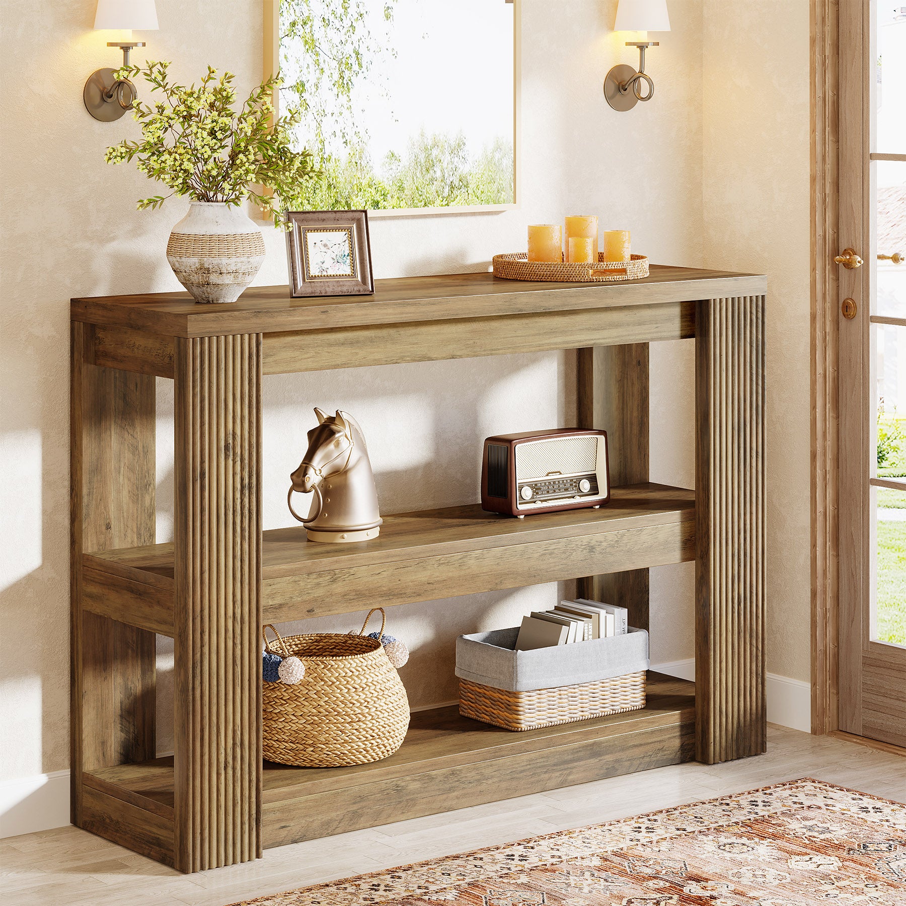 105 cm Landelijke Consoletafel met 3 Planken, Smalle Banktafel