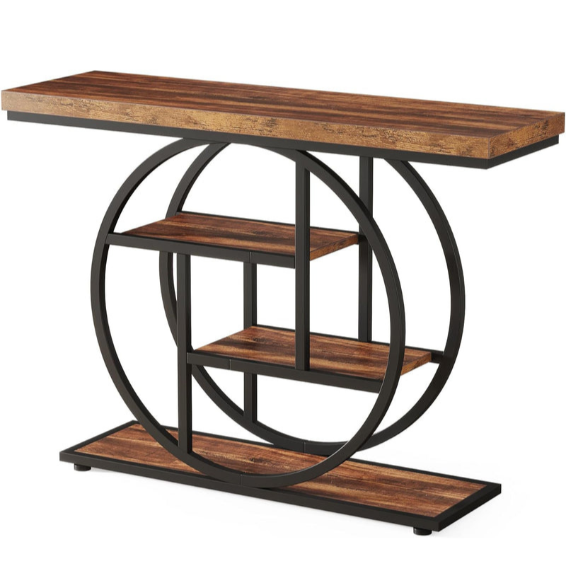 105 cm Industriële Console, 4 Planken met Ronde Basis voor Hal en Woonkamer
