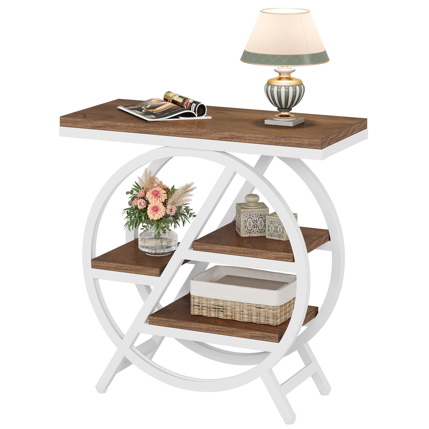 65 cm Drieplanken Bijzettafel, Industriële Houten Tafel met Geometrisch Frame voor Woonkamer