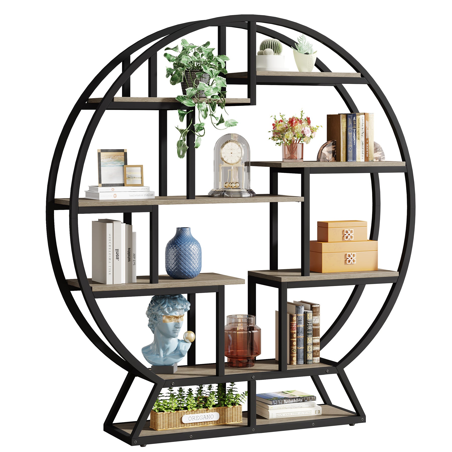 160 cm Ronde Boekenkast, Vijfplanken Opbergmeubel voor Kantoor en Woonkamer