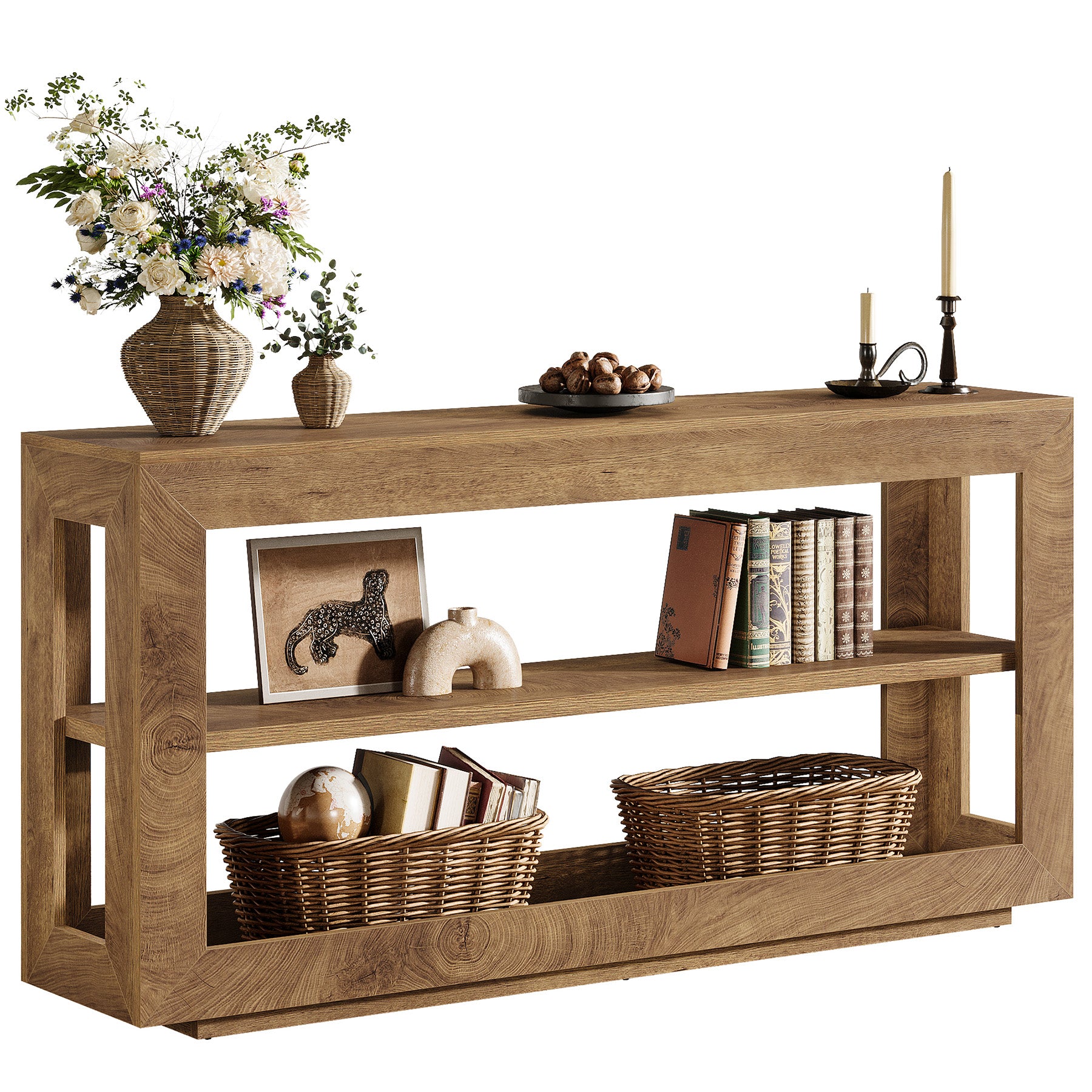 160 cm Consoletafel met 3 Lagen Opslag, Landelijke Haltafel voor Woonkamer Gang Bruin