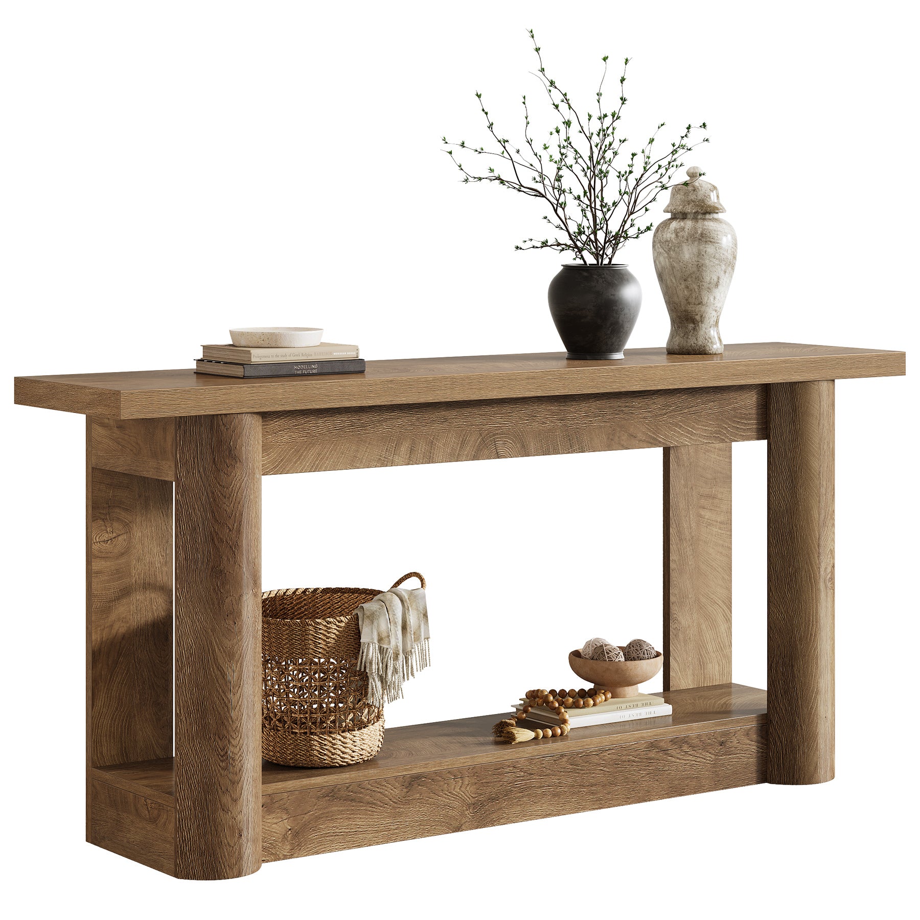 160 cm Landelijke Console met 2 Planken, Smalle Lange Salontafel in Rustiek Bruin voor Hal en Entree