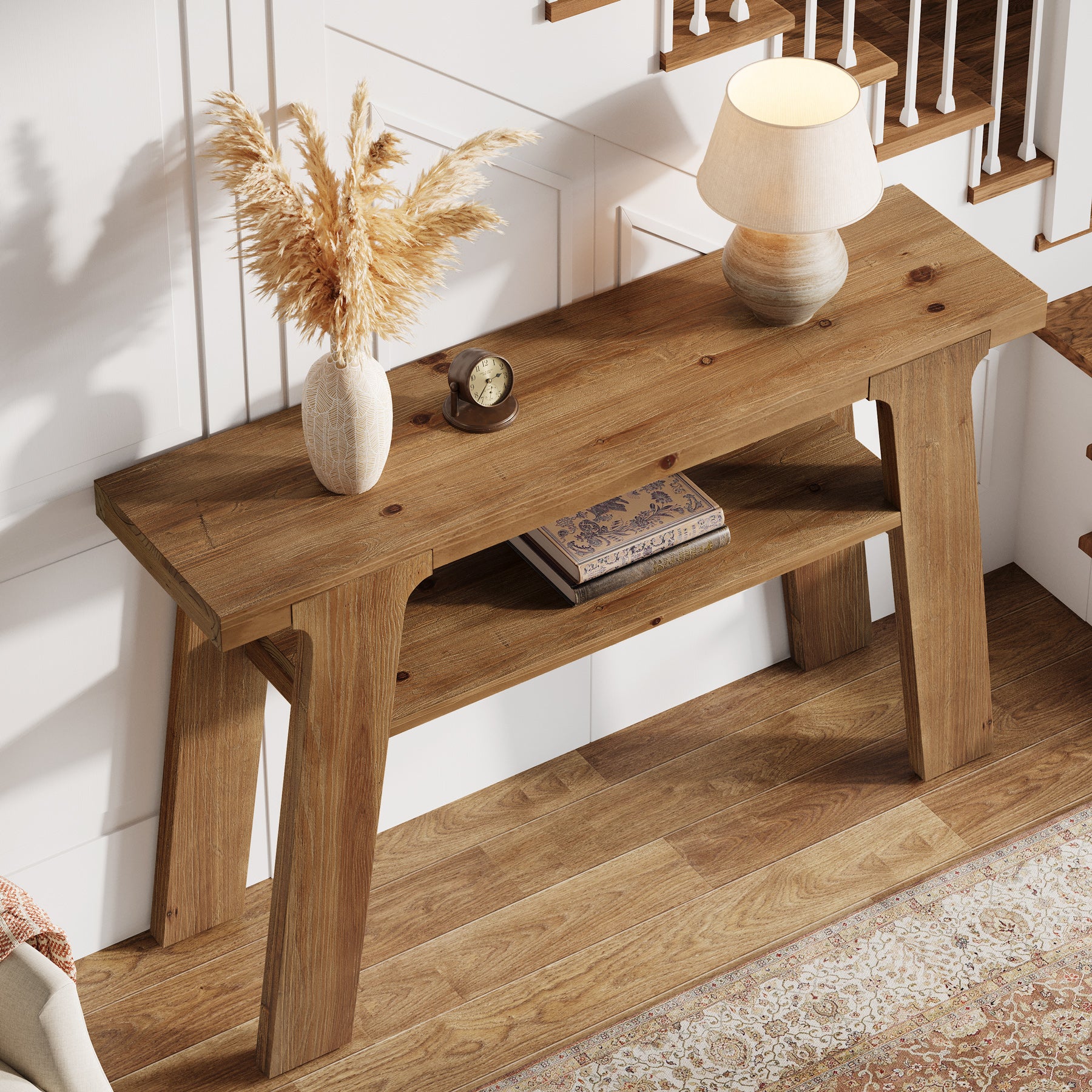 120 cm Houten Consoletafel, Massief Houten Bijzettafel met 2-Laden Opbergvak