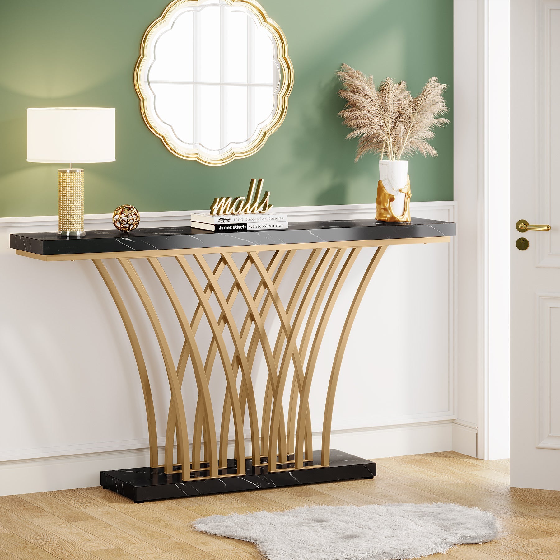 150 cm Gouden Consoletafel, Moderne Entreetafel met Raster Basis voor Hal en Woonkamer