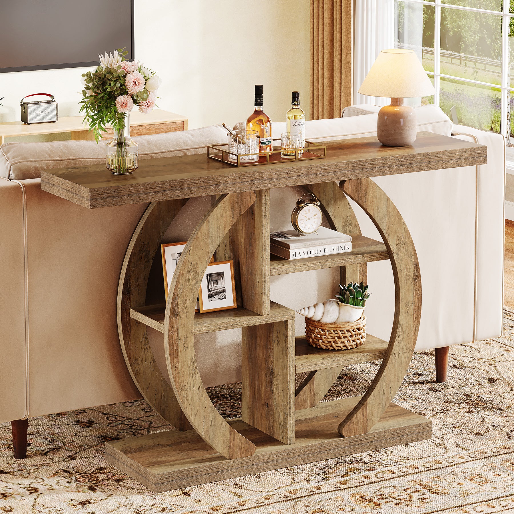 108 cm Houten Consoletafel met 4 Lagen Opslag en Cirkelvormige Basis