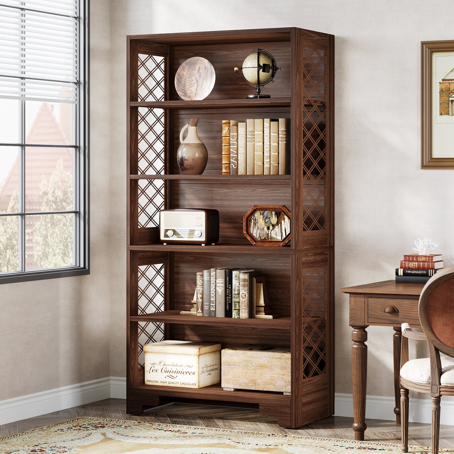 180 cm Hoge Boekenkast met Zes Planken, Mid-Century Boekenkast voor Woonkamer