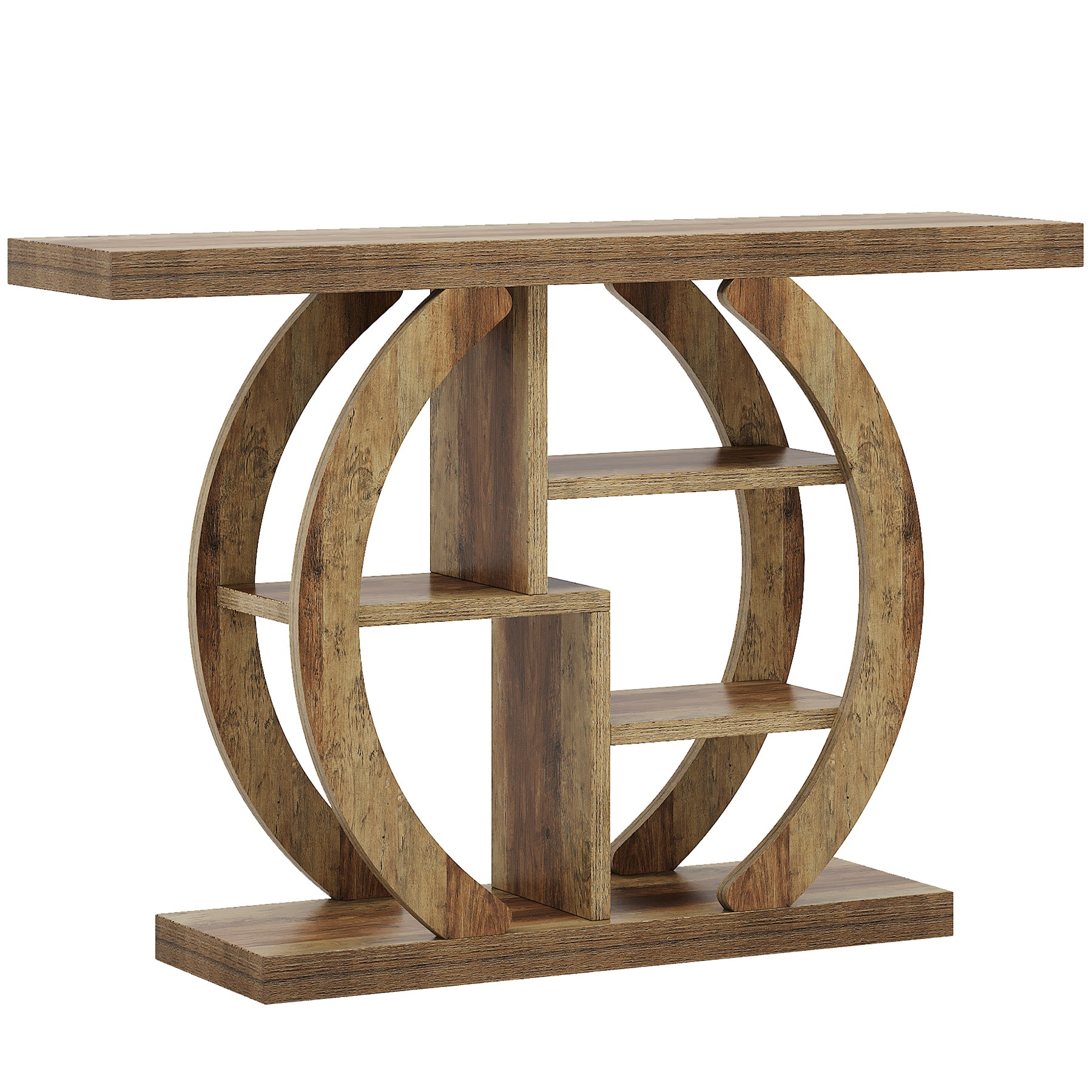 108 cm Houten Consoletafel met 4 Lagen Opslag en Cirkelvormige Basis