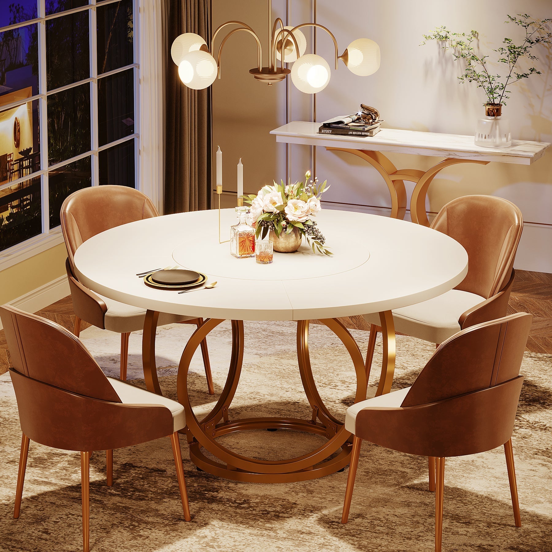 Ronde Eettafel voor Vier Personen, Witte Tafel met Gouden Metalen Onderstel