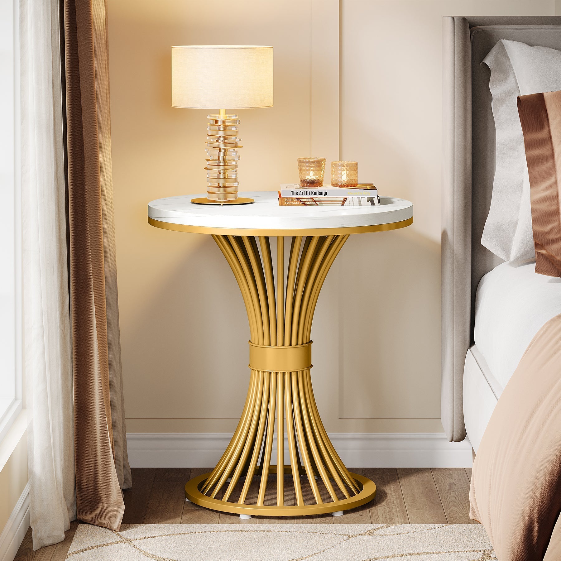 Tribesigns 20" Ronde Bijzettafel met Marmerlook Blad, Witte Bijzettafel met Goudkleurig Metalen Onderstel