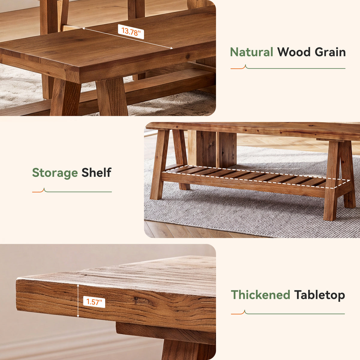 140 cm houten eetbank met open opbergrek en massief hout design, landelijke zitbank voor eetkamer en keuken