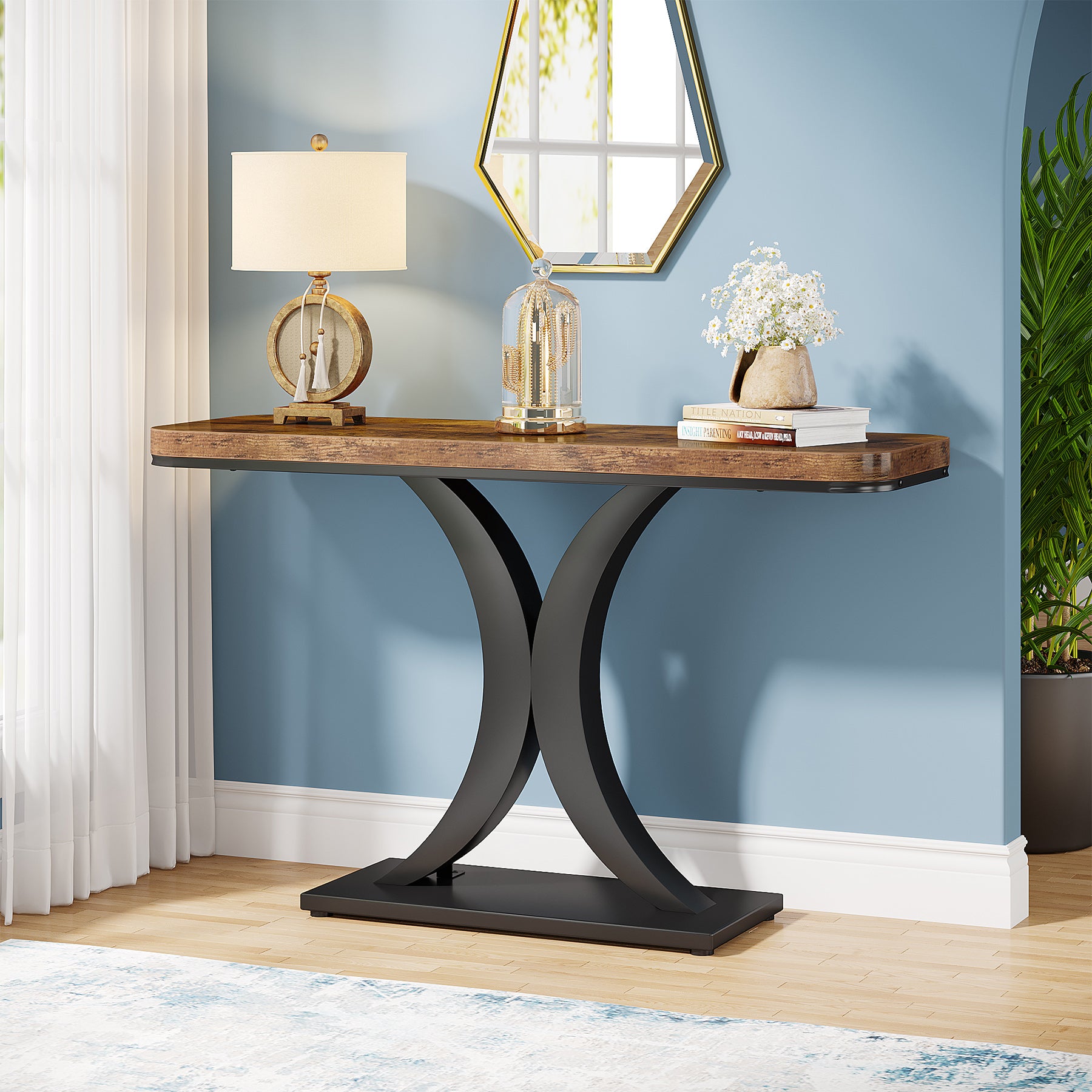 100 cm Industriële Consoletafel, Smalle Haltafel met Geometrische Basis voor Entree