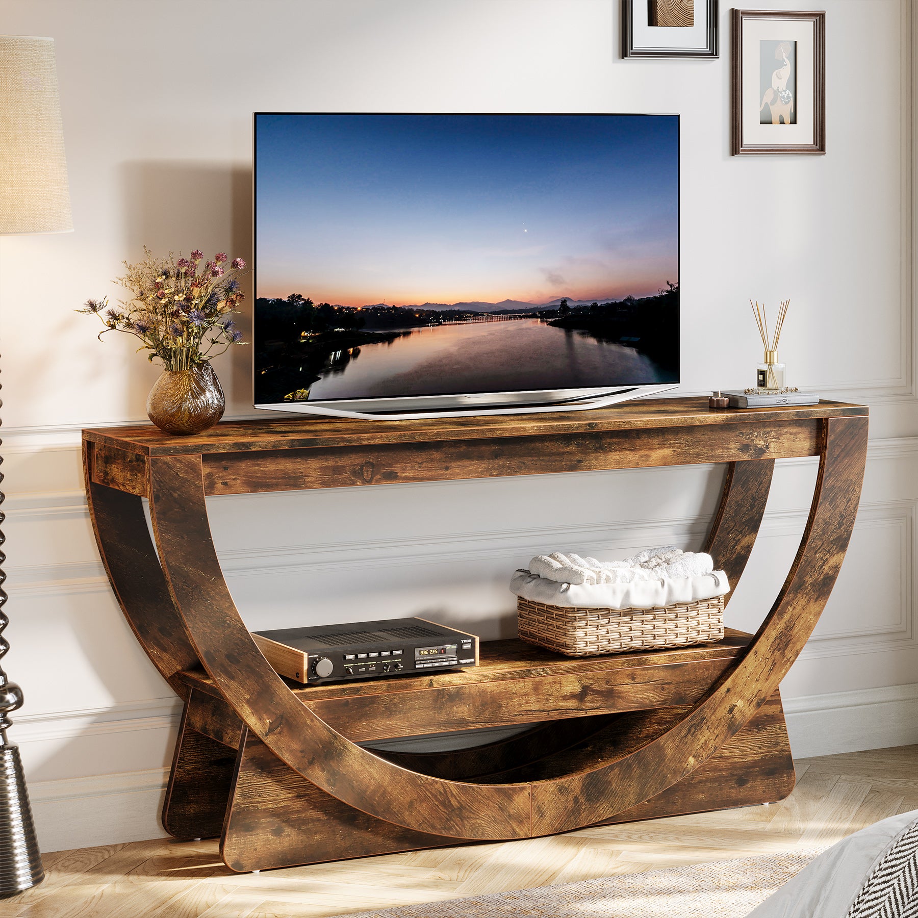160 cm TV-meubel voor 75 inch TV's, Landelijke Houten Mediaconsole met Open Gewelfde Plank
