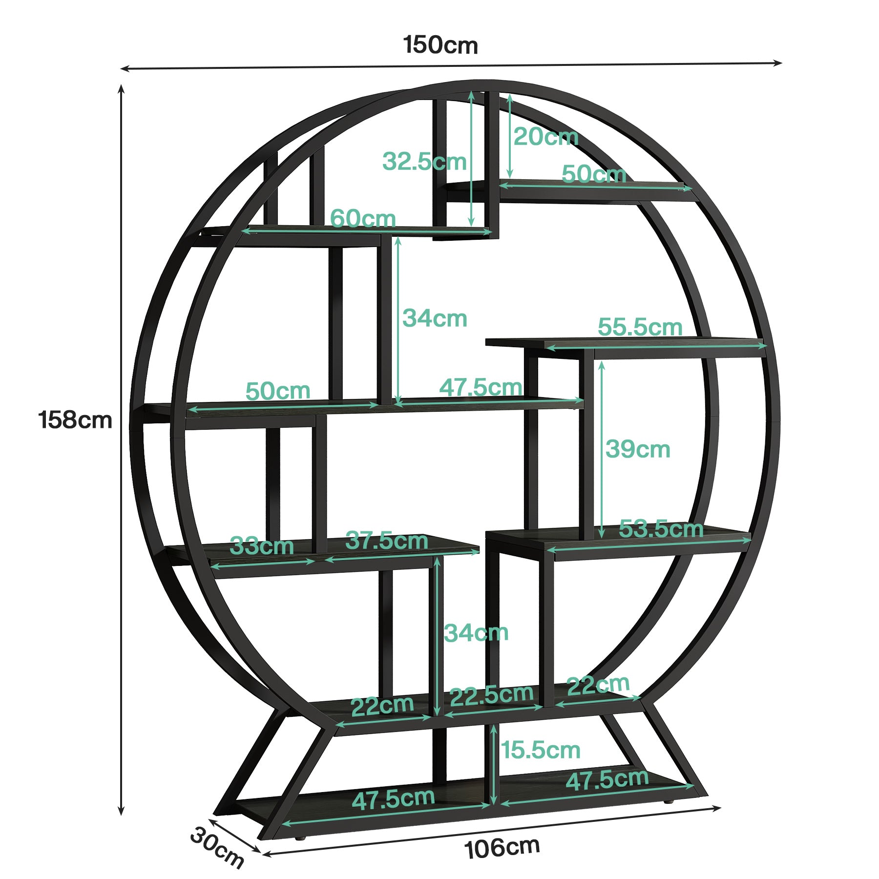 160 cm Ronde Boekenkast, Vijfplanken Opbergmeubel voor Kantoor en Woonkamer