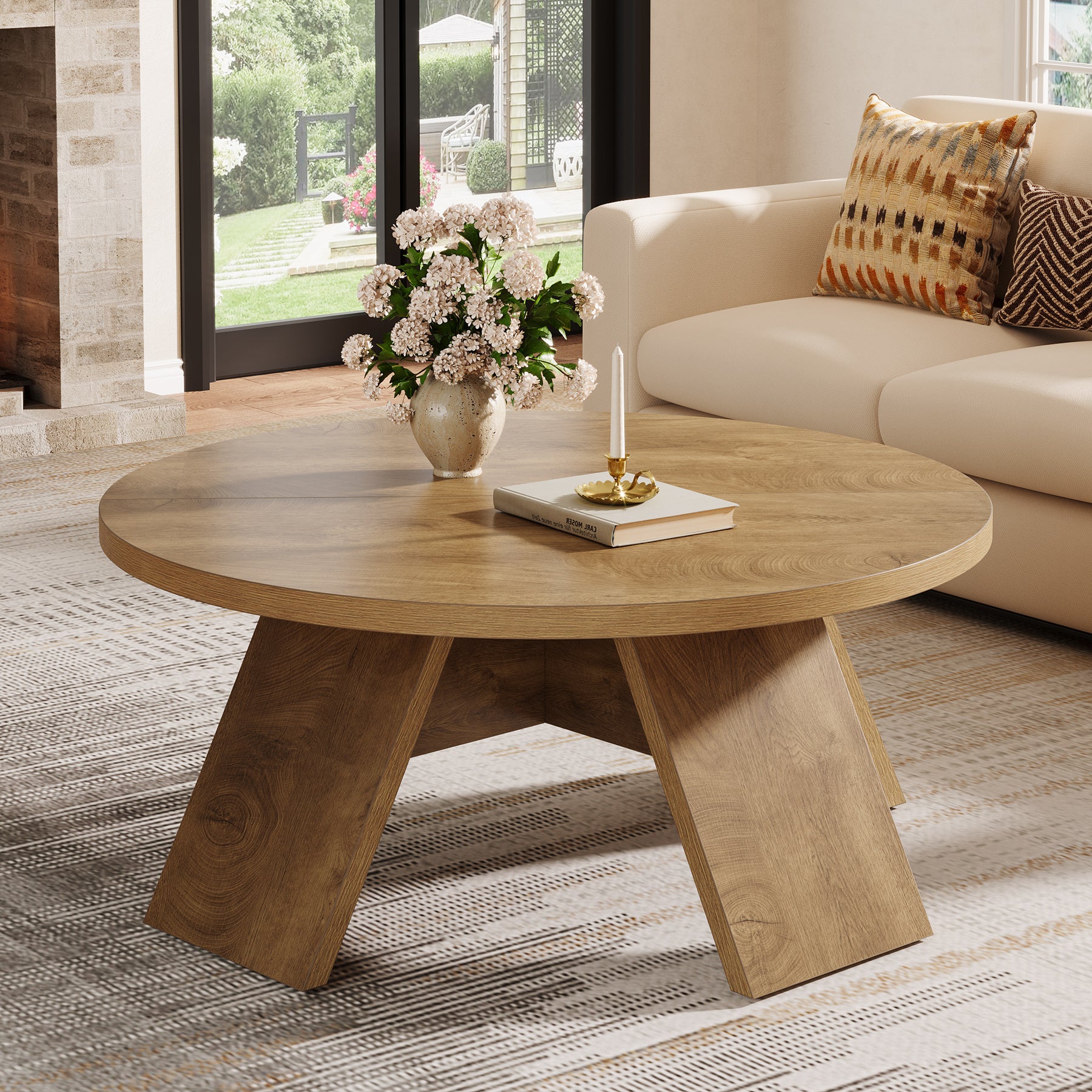 100 cm Ronde Houten Salontafel met Gespreide Poten, Modern Accent Tafel voor Woonkamer