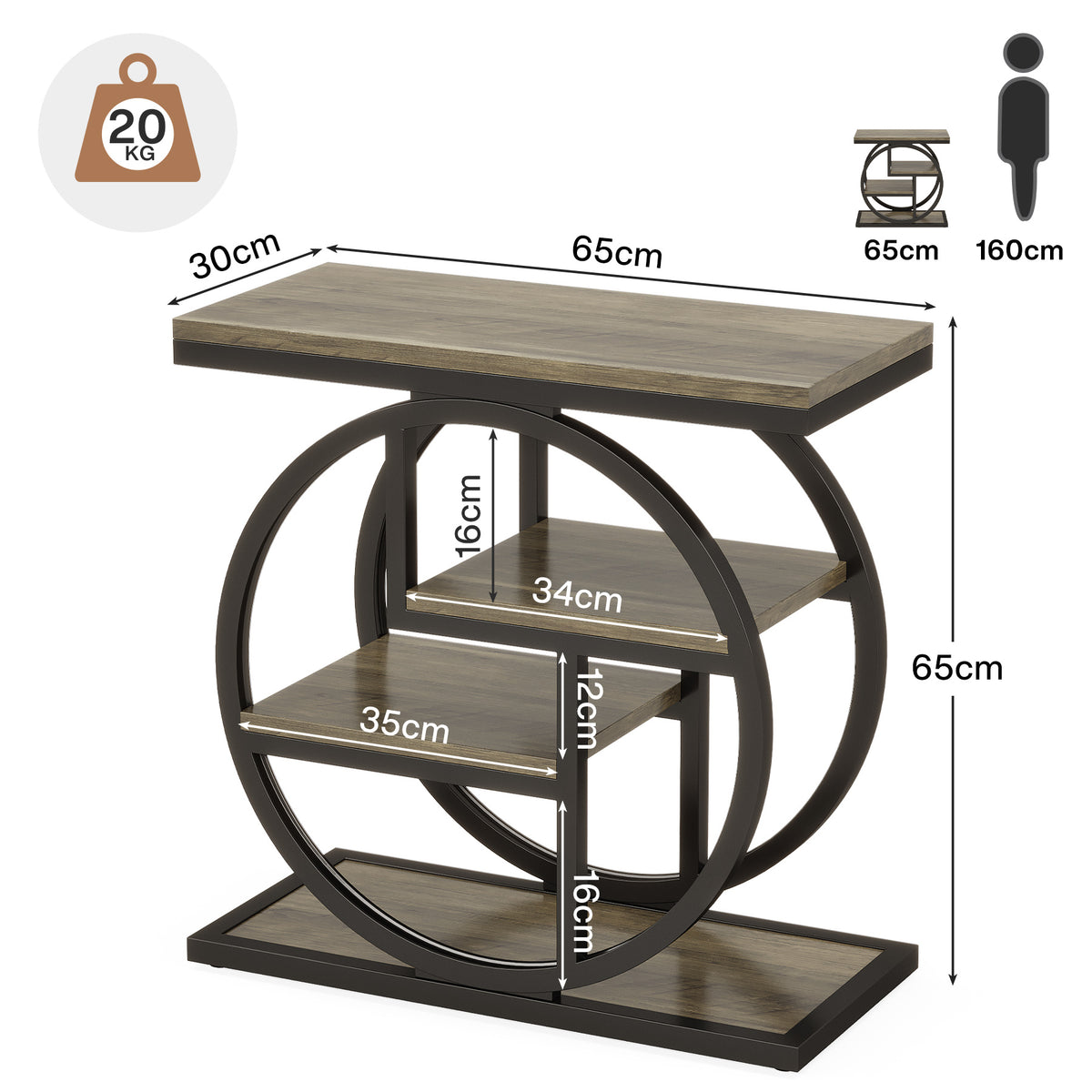 Tribesigns 65x30 cm smalle bijzettafel met 4-laags opbergruimte, industrieel design voor woonkamer