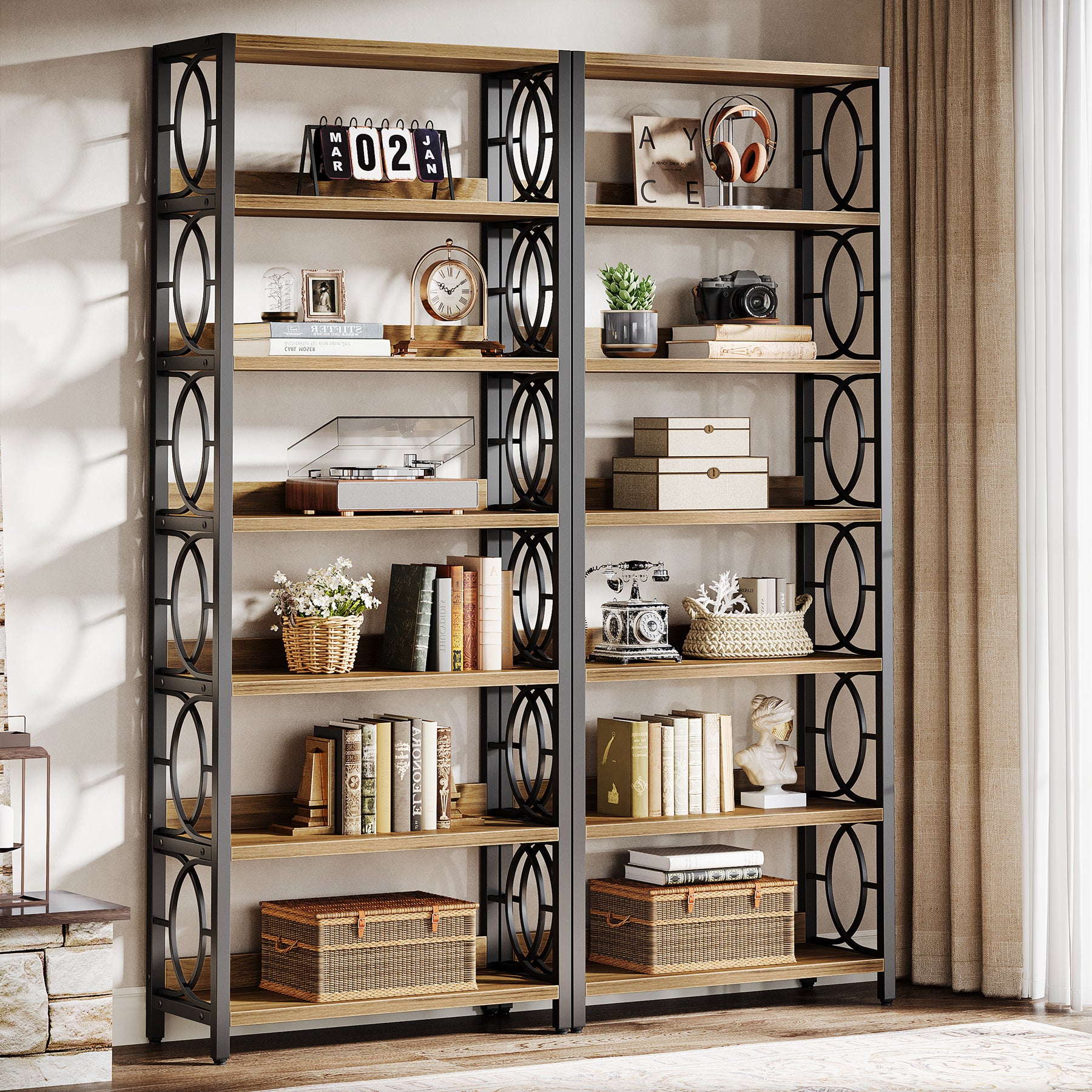 180 cm Boekenkast met 6 Niveaus, Industrieel Vrijstaand Displayrek met Metalen Frame