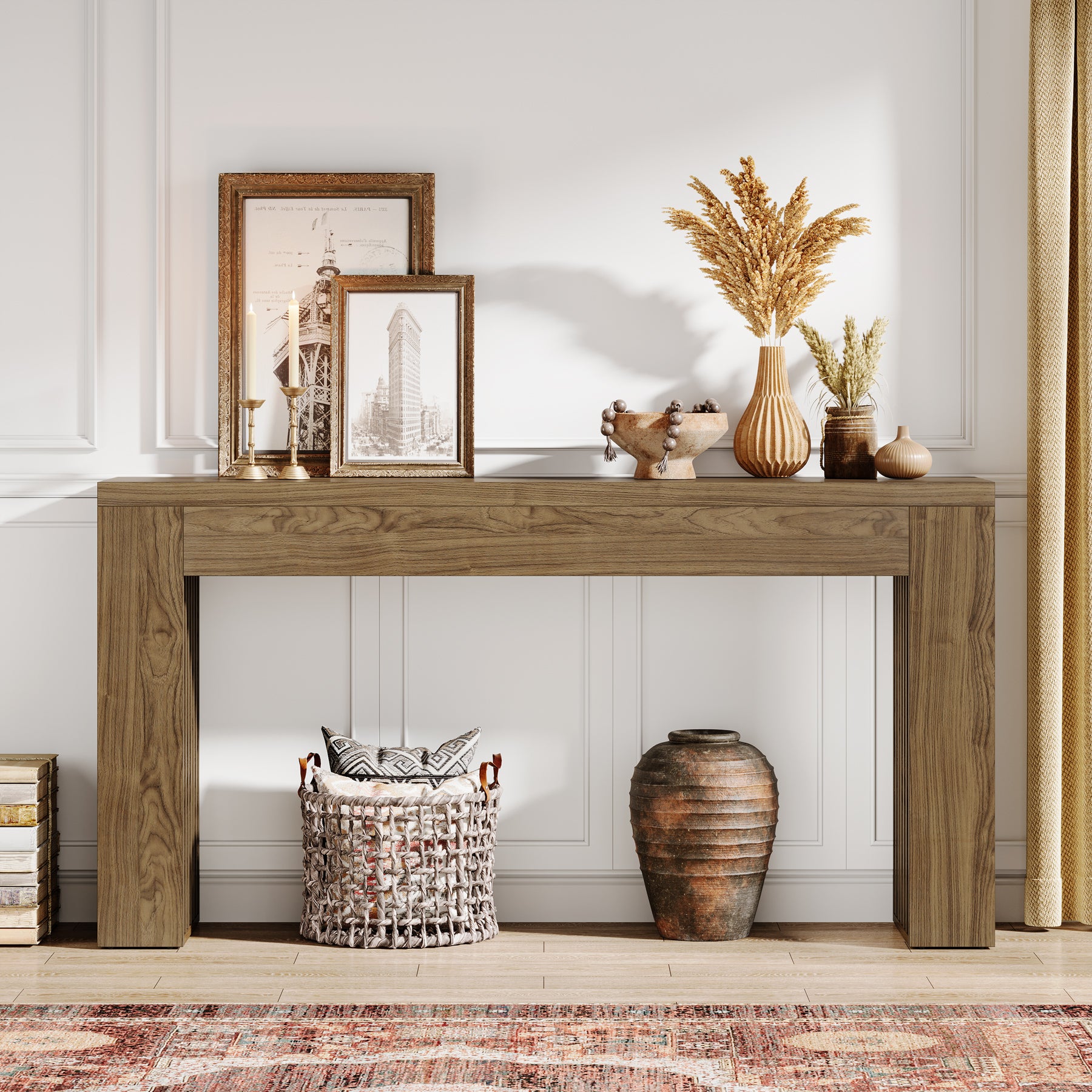 150 cm Lange Houten Salontafel achter de Bank, Consoletafel met Verticale Lattenpoten