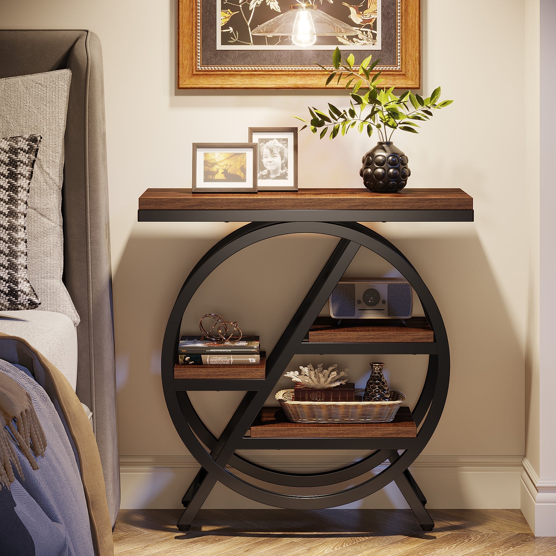 65 cm Drieplanken Bijzettafel, Industriële Houten Tafel met Geometrisch Frame voor Woonkamer